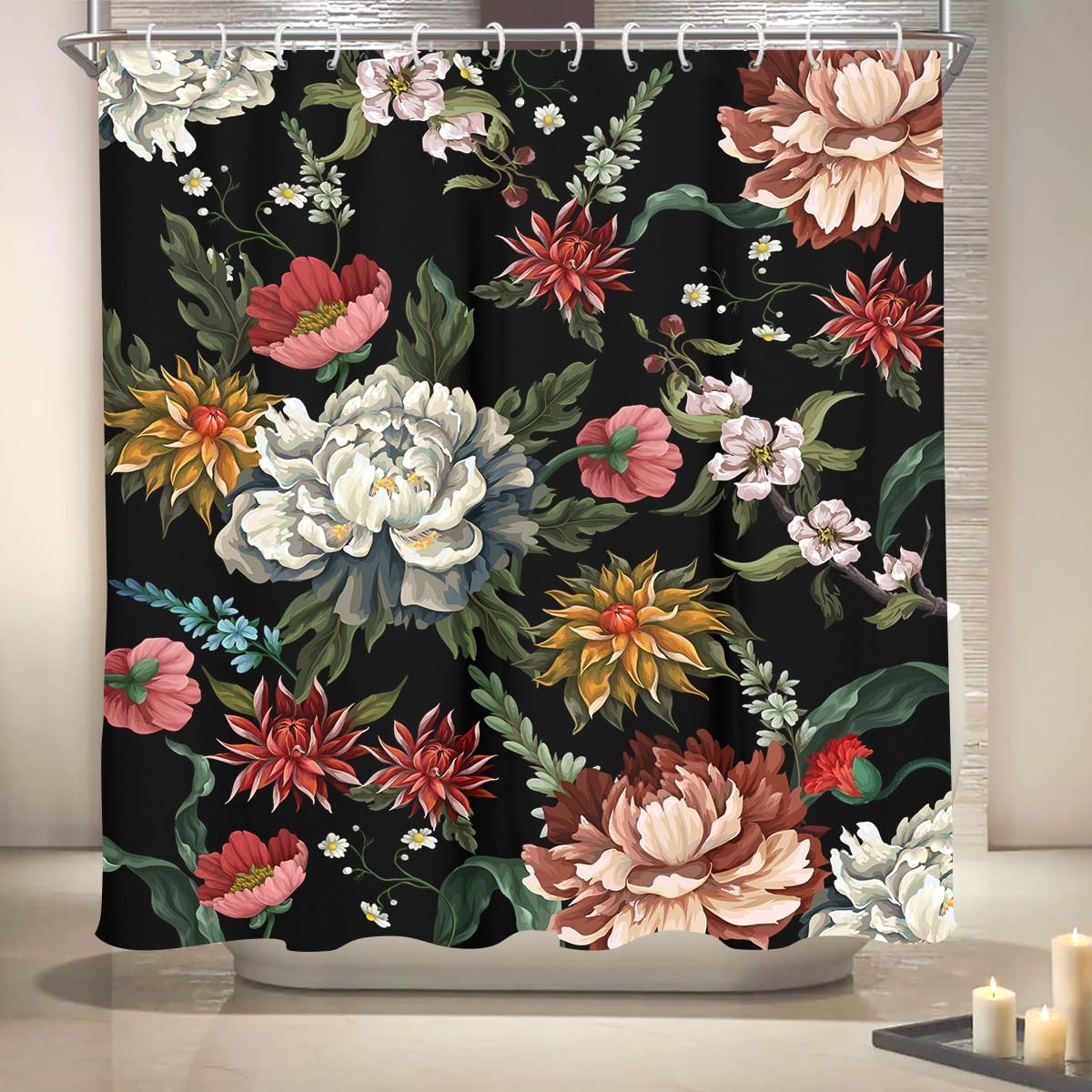 Cortina de ducha floral vintage bohemia negra con flores oscuras, acuarela