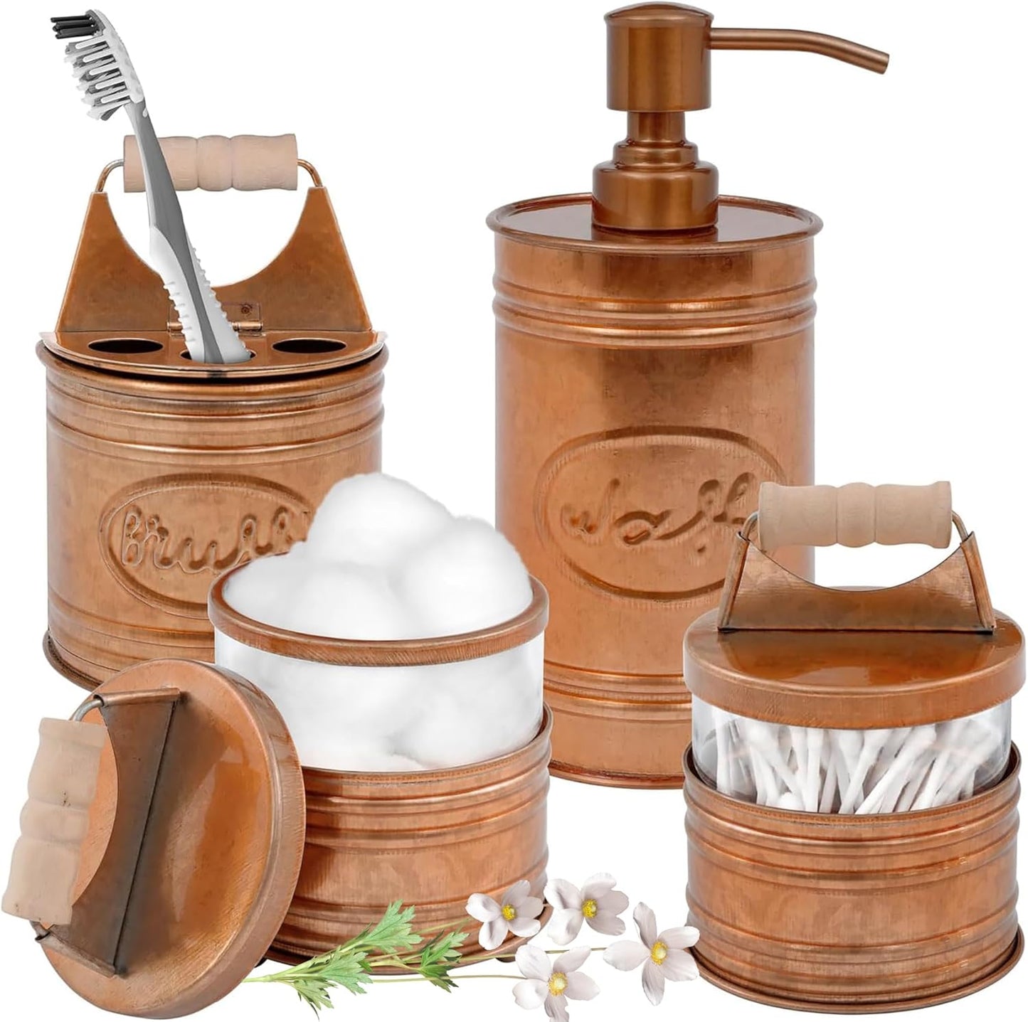Juego de 4 accesorios de baño rústicos Dispensador de jabón de granja de cobre,