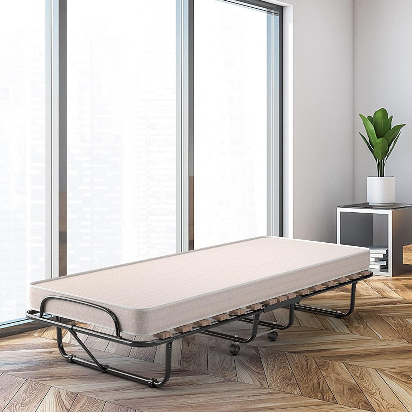 Cama plegable con colchón, portátil para invitados con marco de metal