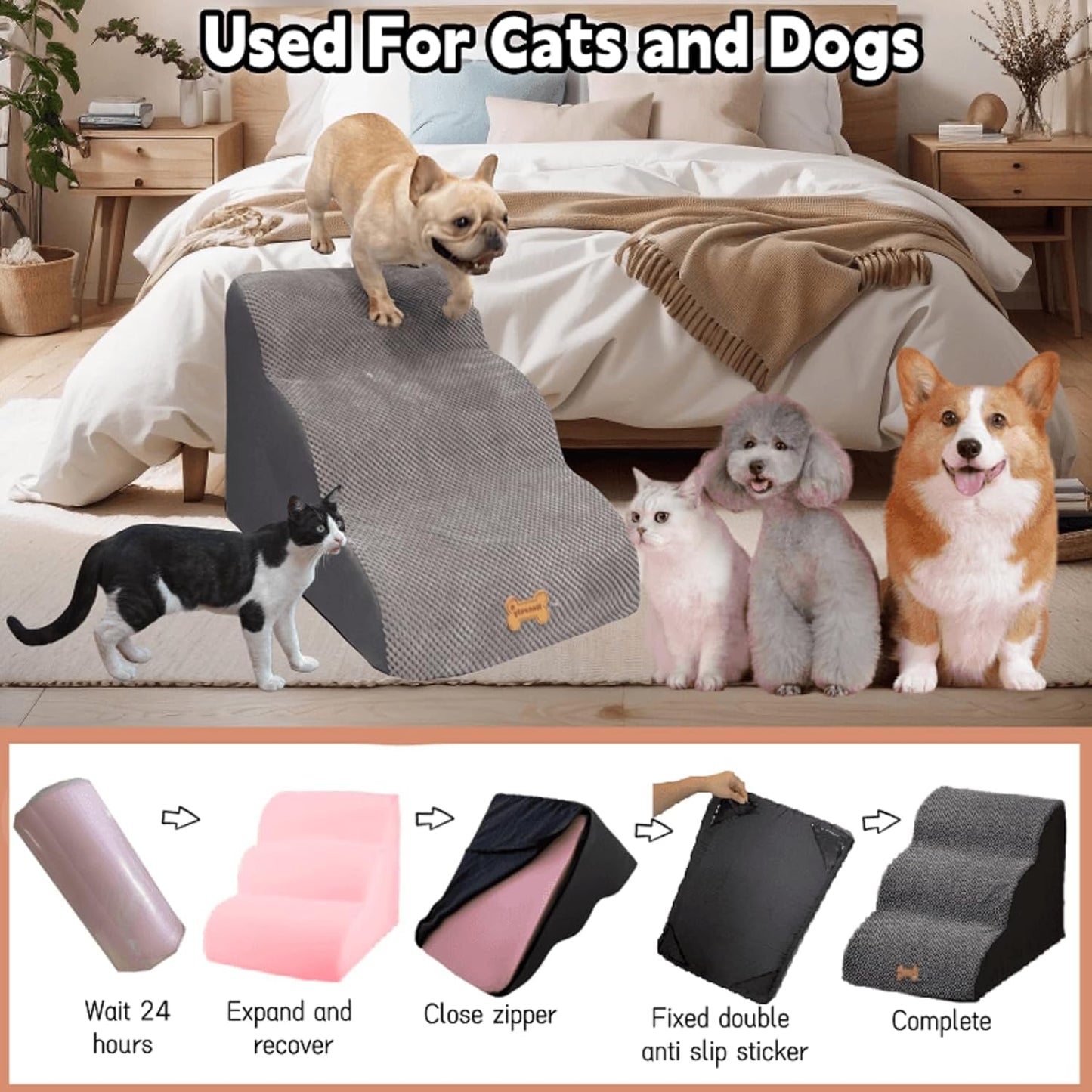 Escaleras para perros a camas altas, 3 escalones para perros pequeños y grandes