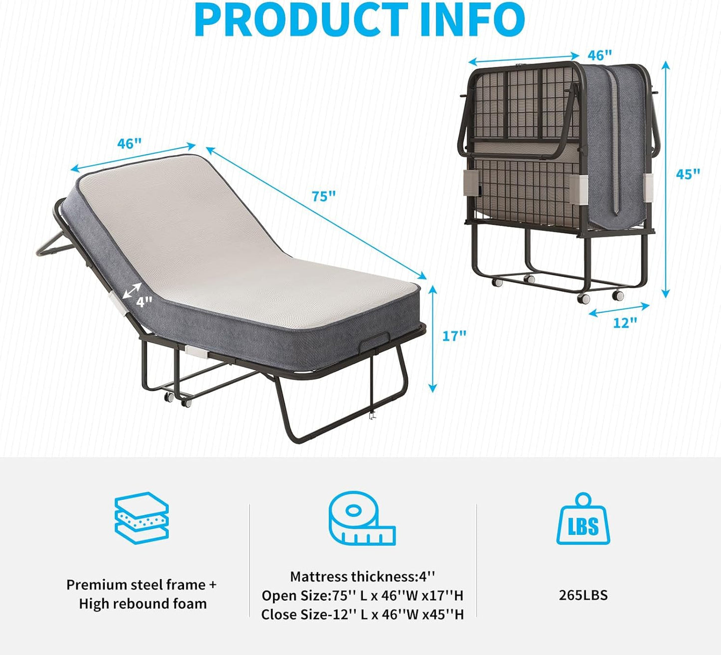 Cama plegable con colchón de espuma viscoelástica de 4 pulgadas, cama plegable
