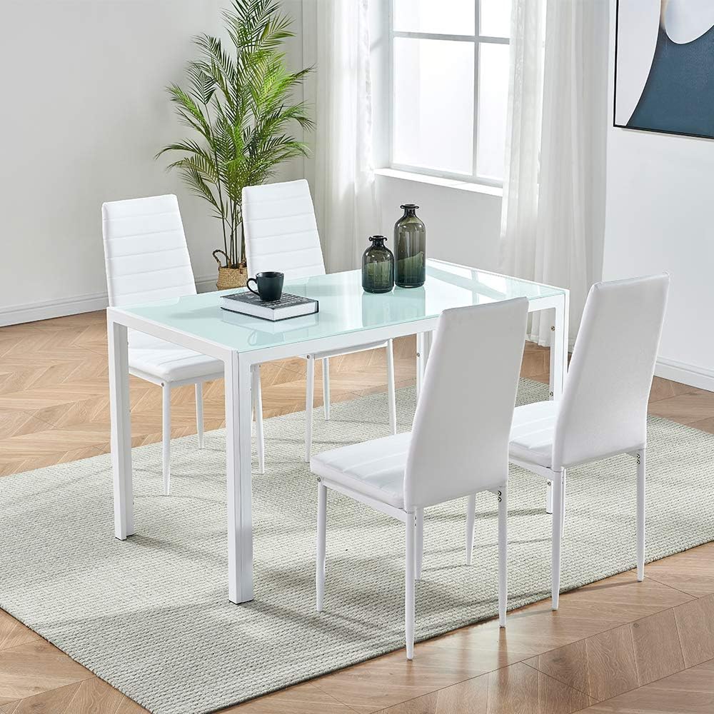 Mesa de comedor rectangular moderna con parte superior de vidrio blanco con