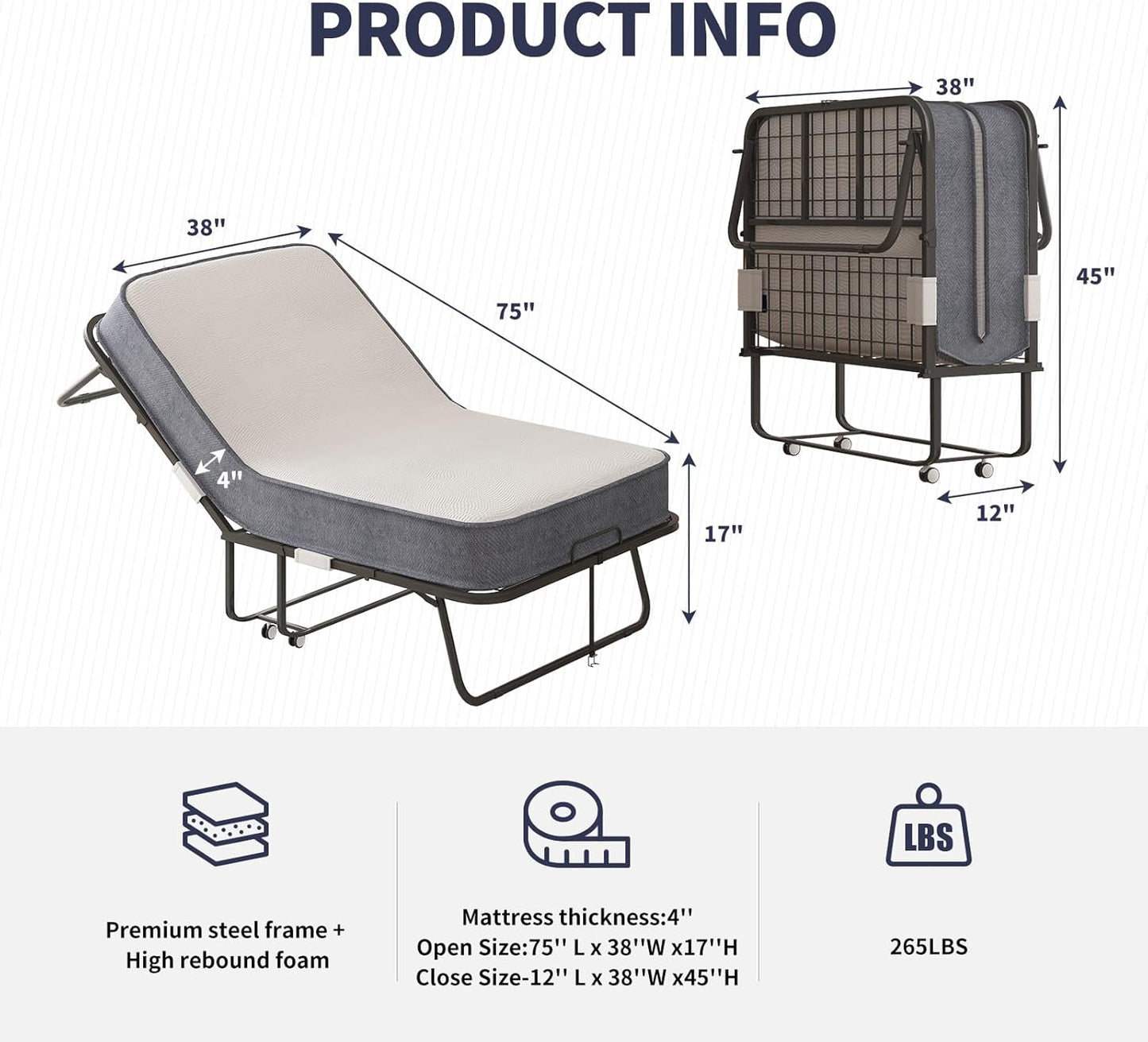 ZAFLY Cama plegable con colchón de esponja viscoelástica de 4 pulgadas, cama
