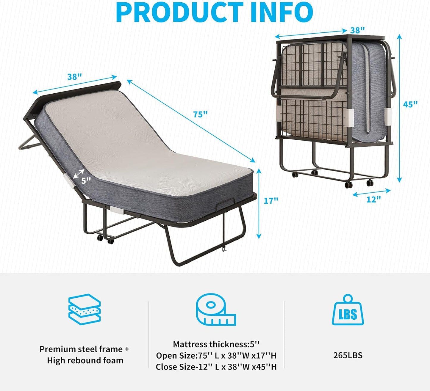Cama plegable con colchón de espuma viscoelástica de 5 pulgadas, cama plegable