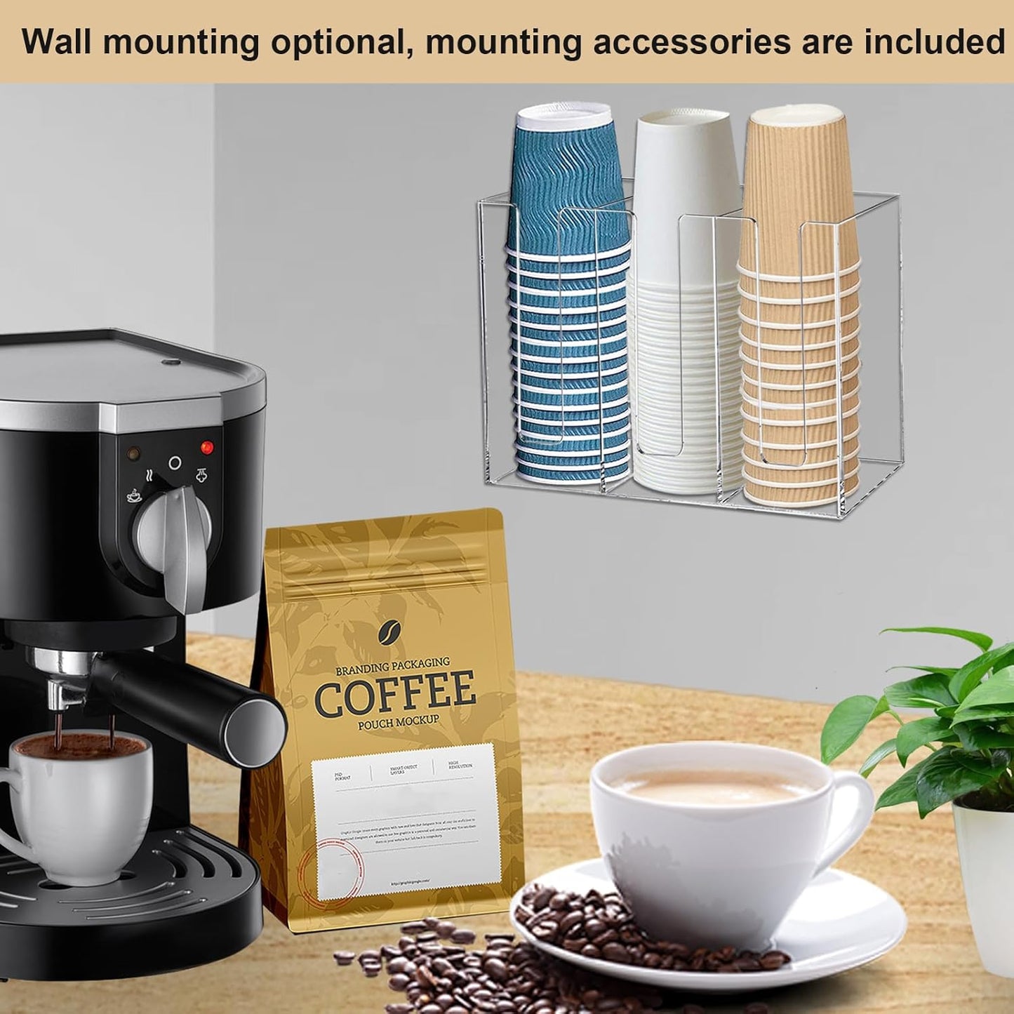 Dispensador de taza de café para mostrador, tapas desechables para tazas y