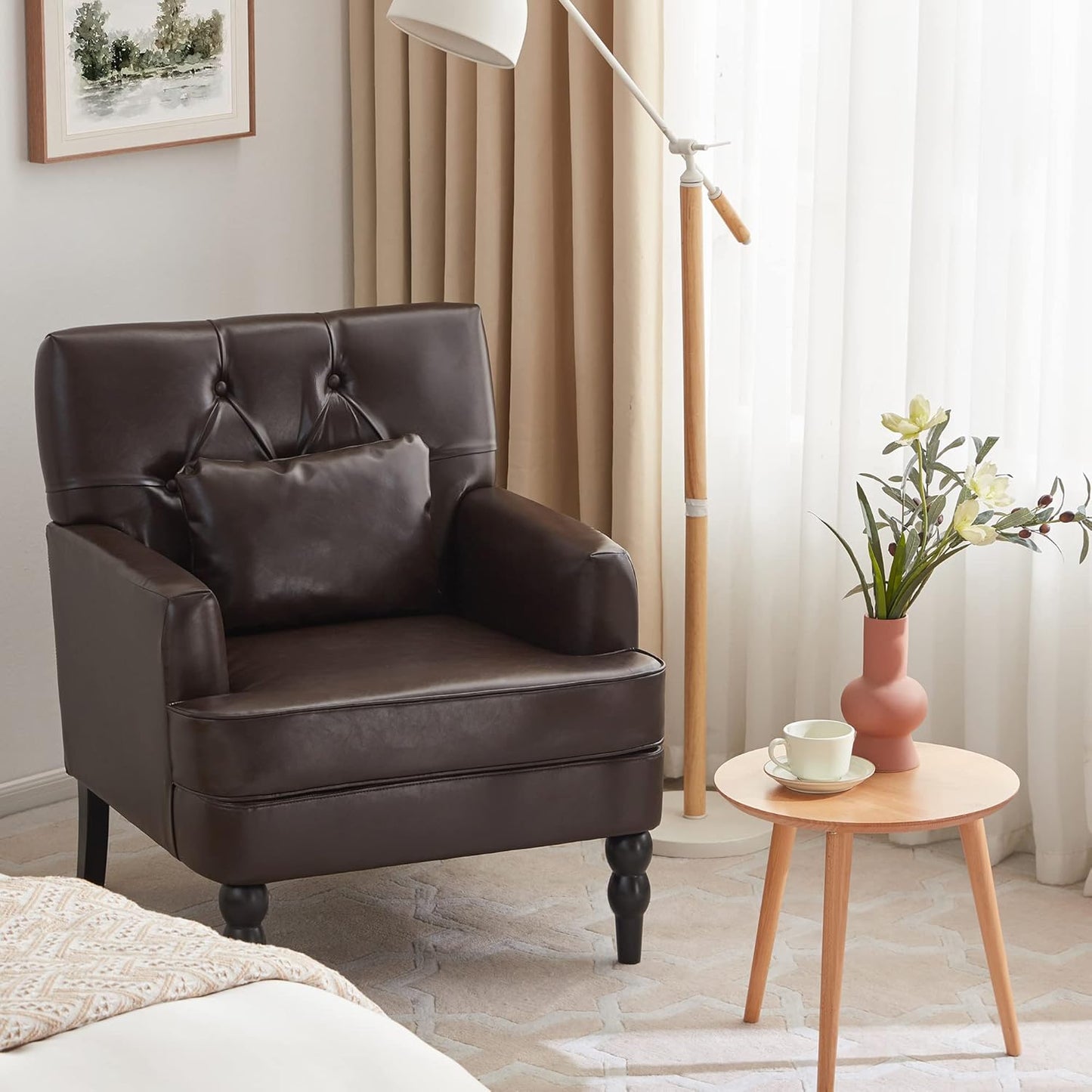 PULiving Silla de club de cuero, silla decorativa con almohada lumbar, sillón