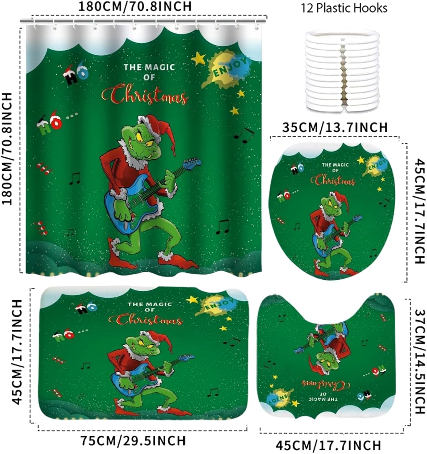 Juego de 4 cortinas de ducha navideñas con alfombras antideslizantes, cubierta