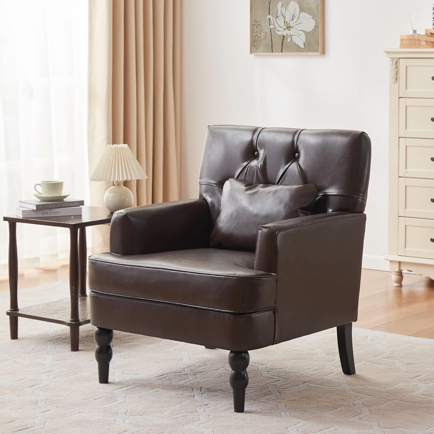 PULiving Silla de club de cuero, silla decorativa con almohada lumbar, sillón