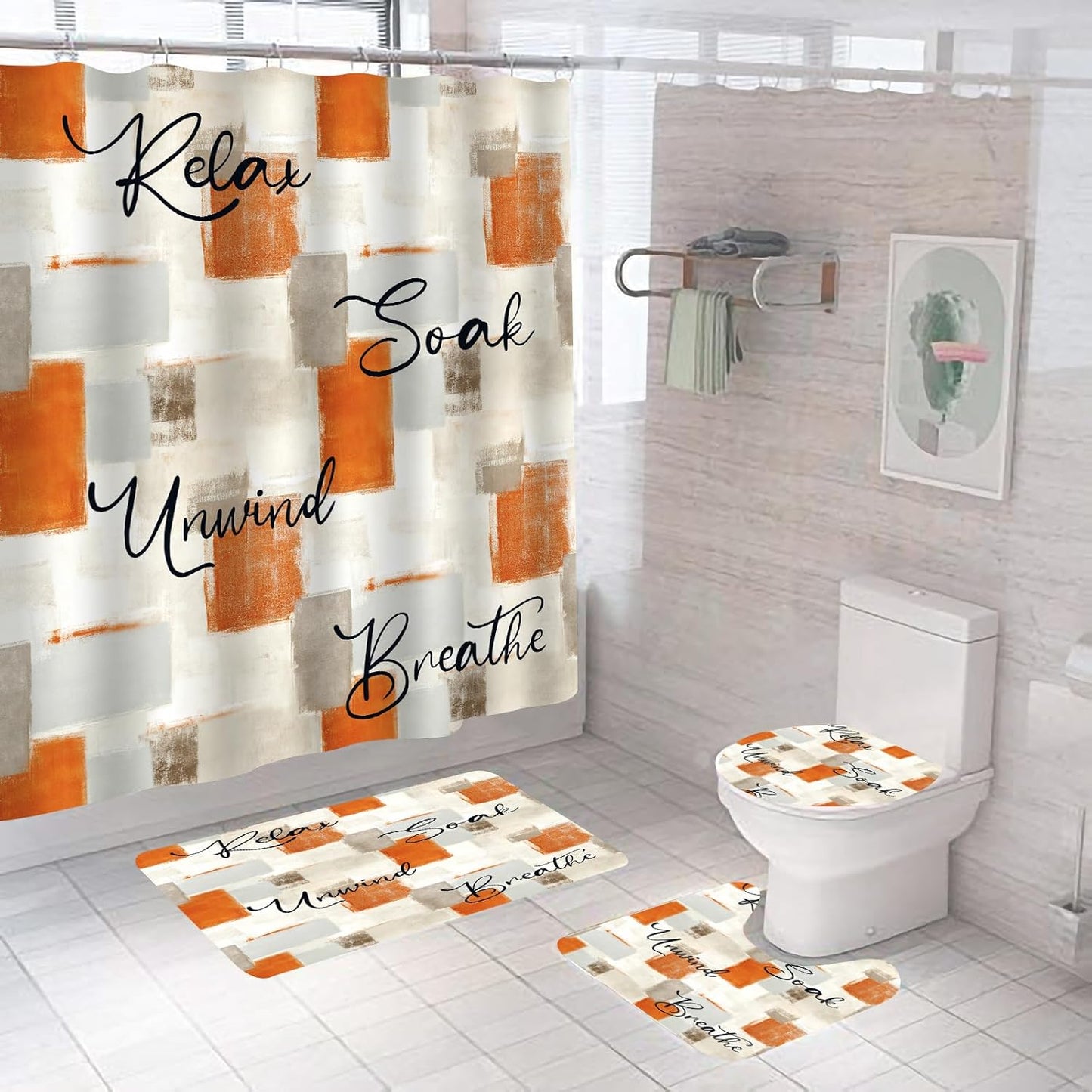 Juego de 4 cortinas de ducha color naranja, juego de baño abstracto naranja con