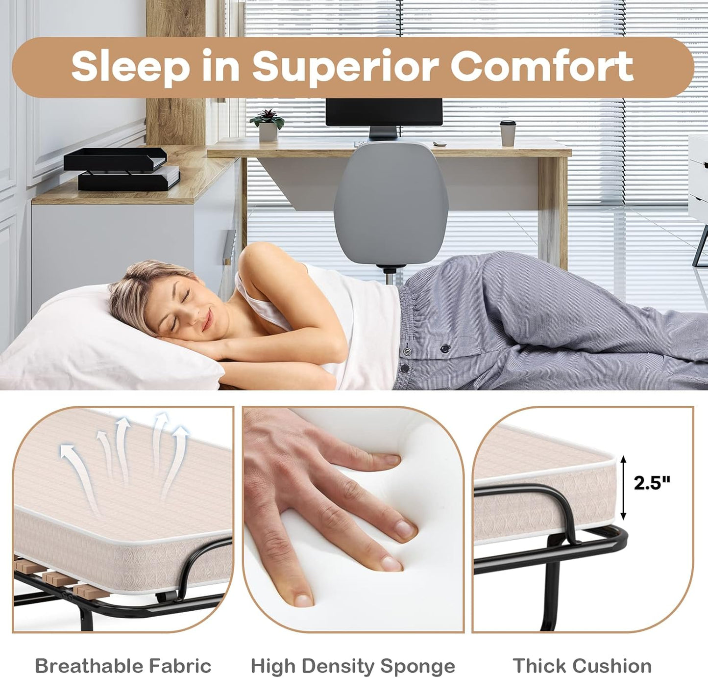 Cama plegable plegable con colchón de espuma viscoelástica suave, cama portátil