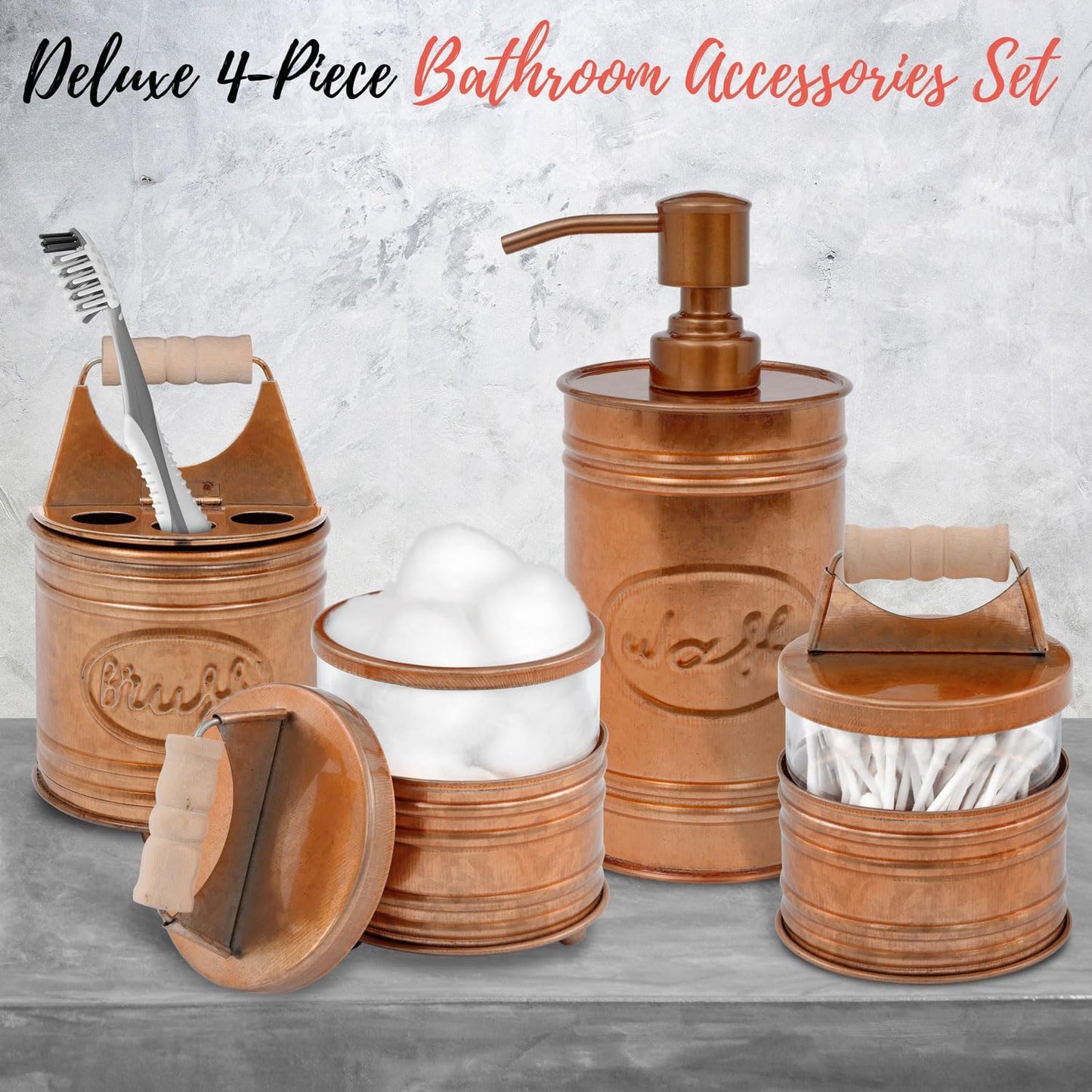 Juego de 4 accesorios de baño rústicos Dispensador de jabón de granja de cobre,
