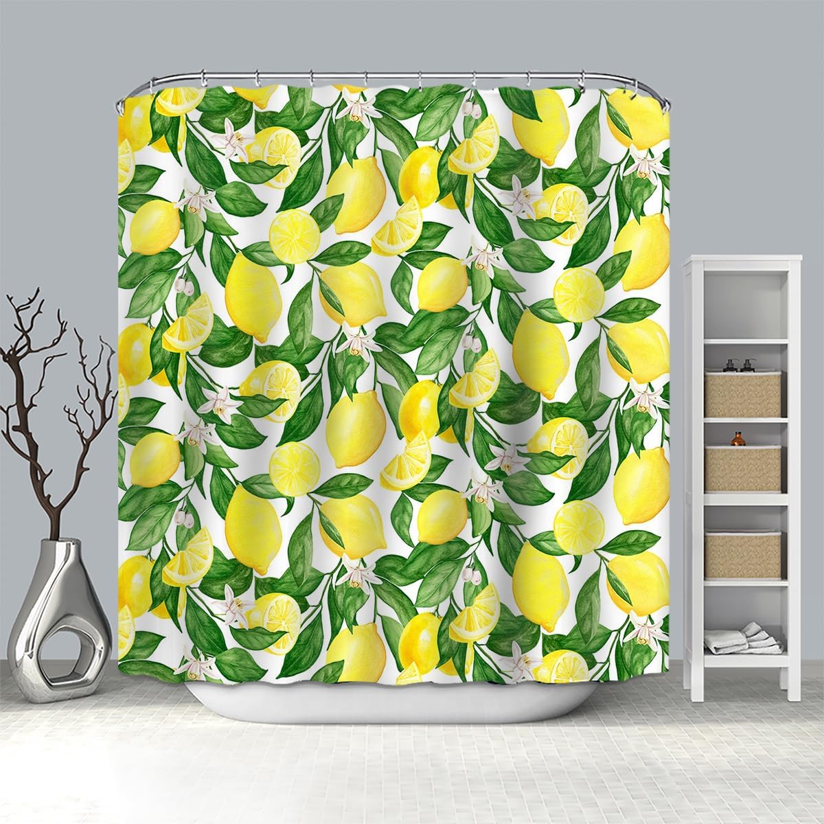 Fruit Shower Curtain Lemon Shower Curtain with 12 Hooks Cute Colorful Bright