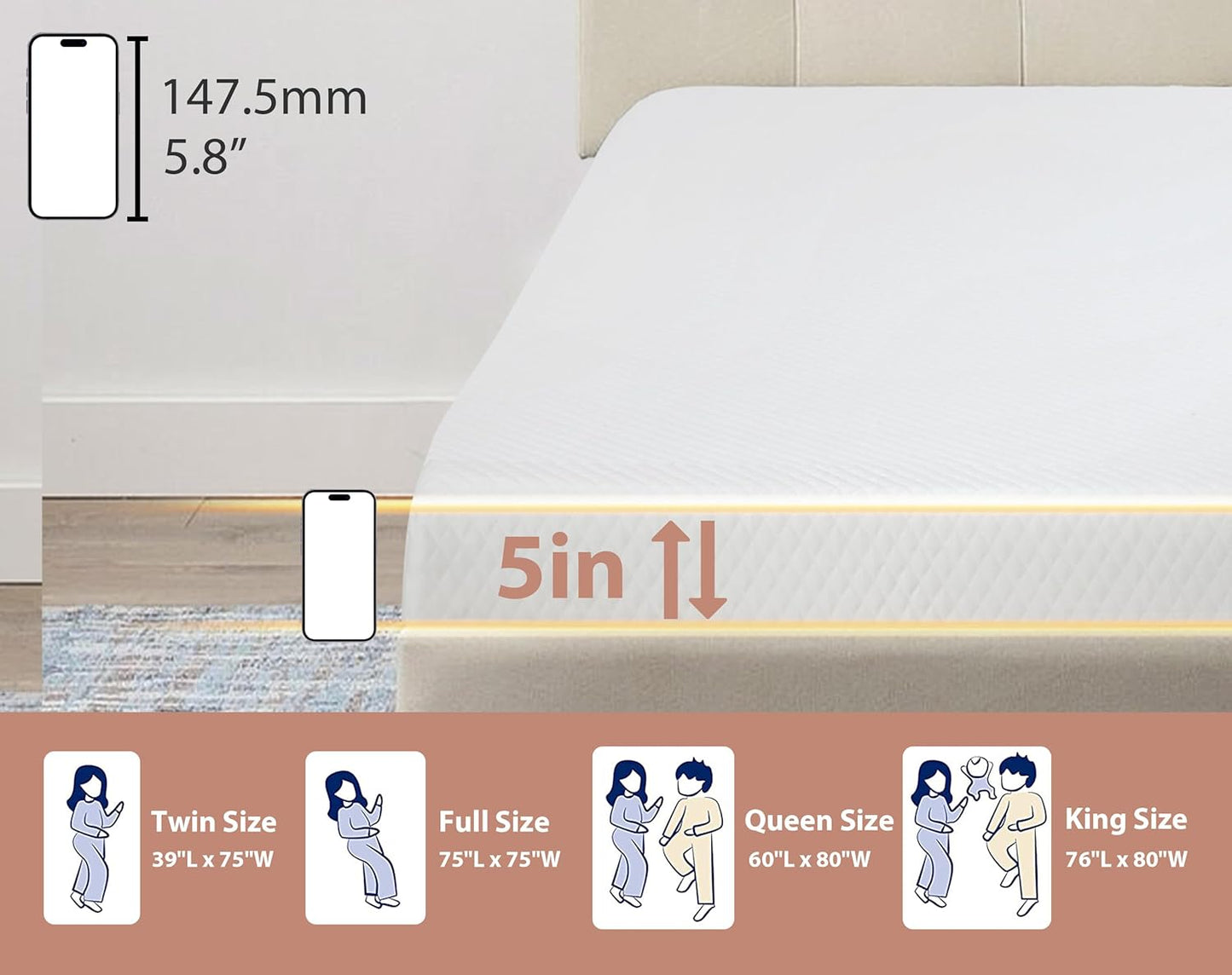 Colchón individual de 5 pulgadas, colchón de espuma viscoelástica de gel