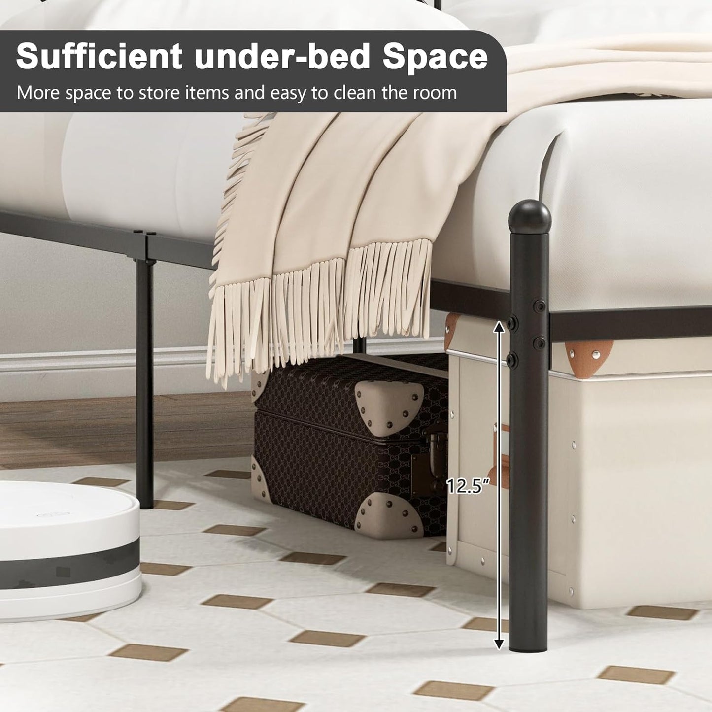 Base de cama de metal negro Queen con cabecera de estilo victoriano, plataforma