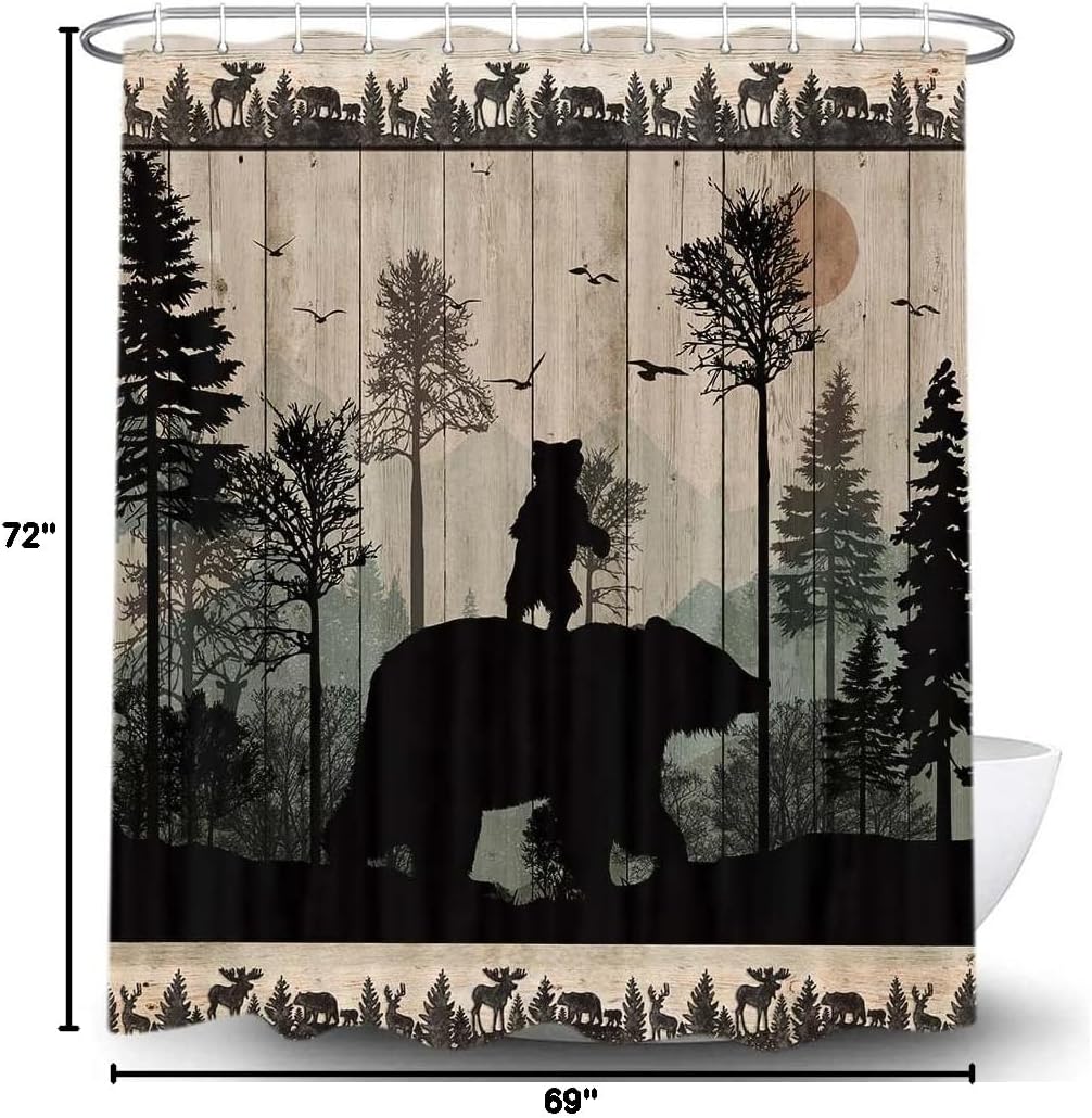 Juego de cortinas de ducha de oso rústico, diseño de bosque y bosque, caza,