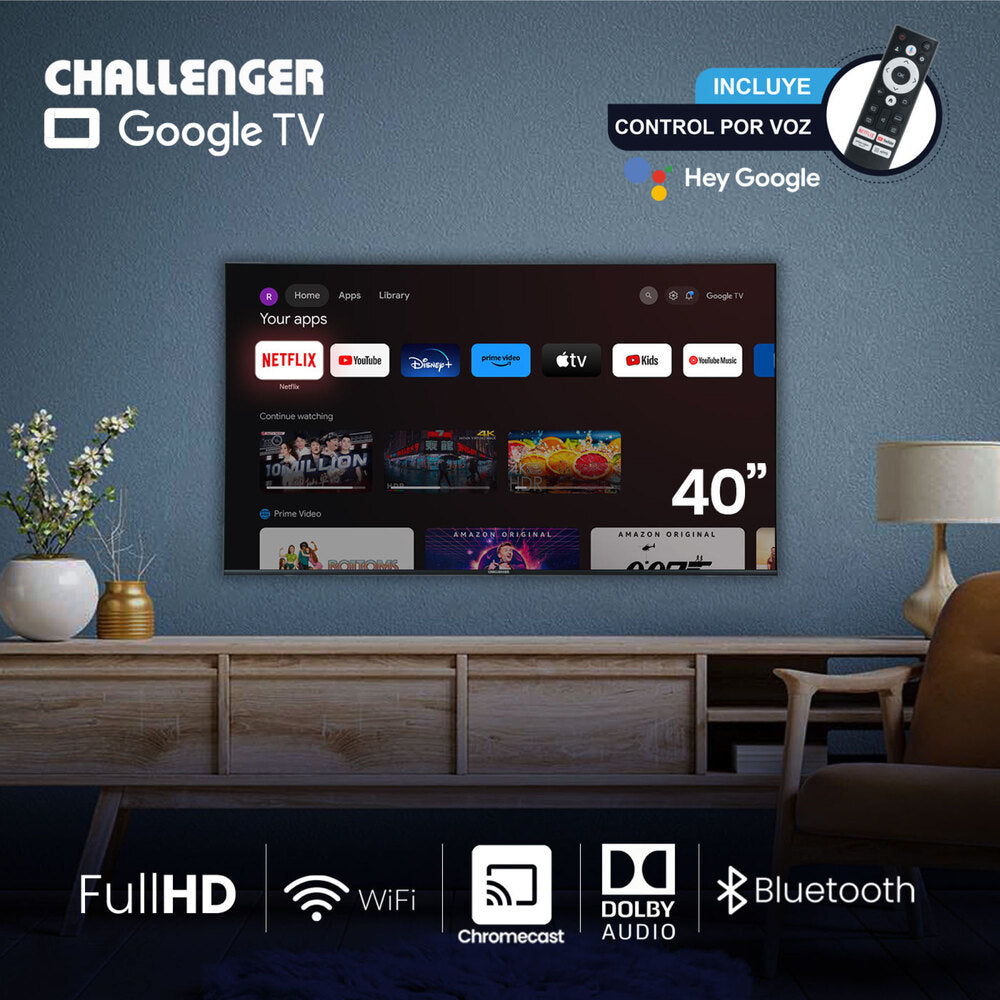 Televisor Challenger 40 Pulgadas Smart Google TV TG81, Color Negro