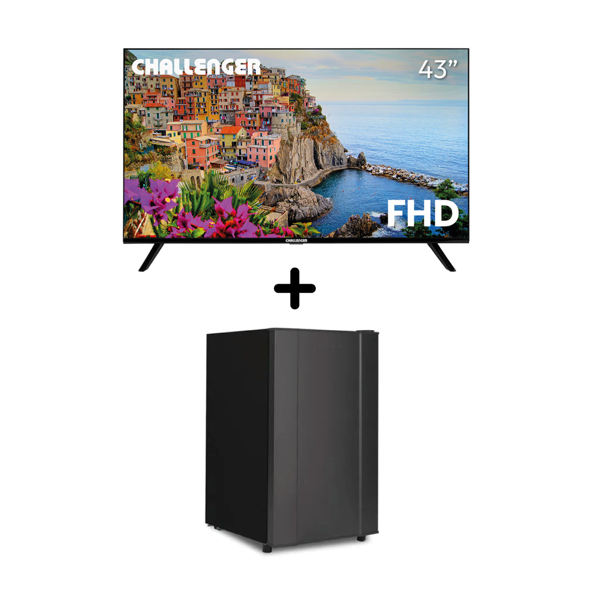 Combo Televisor Challenger 43 Pulgadas Smart Google + Minibar CR 121 Litros, Color Negro y Gris