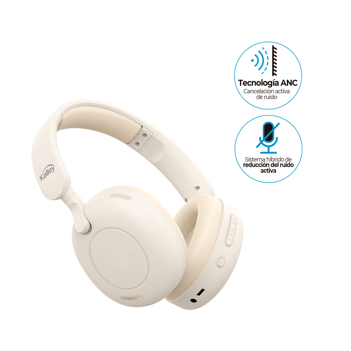 Audífonos De Diadema Kalley Inalámbricos Bluetooth Over Ear K-Ac2 Cancelación De Ruido, Crema