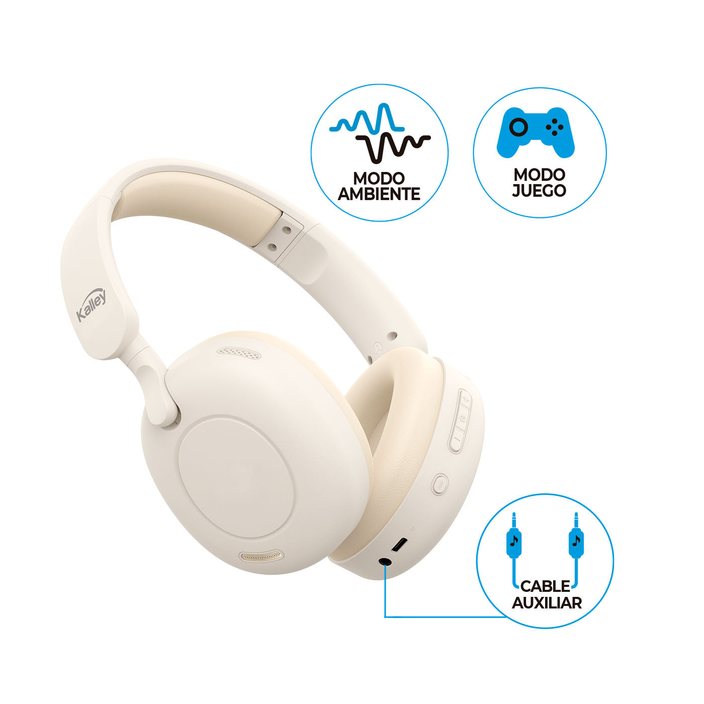 Audífonos De Diadema Kalley Inalámbricos Bluetooth Over Ear K-Ac2 Cancelación De Ruido, Crema