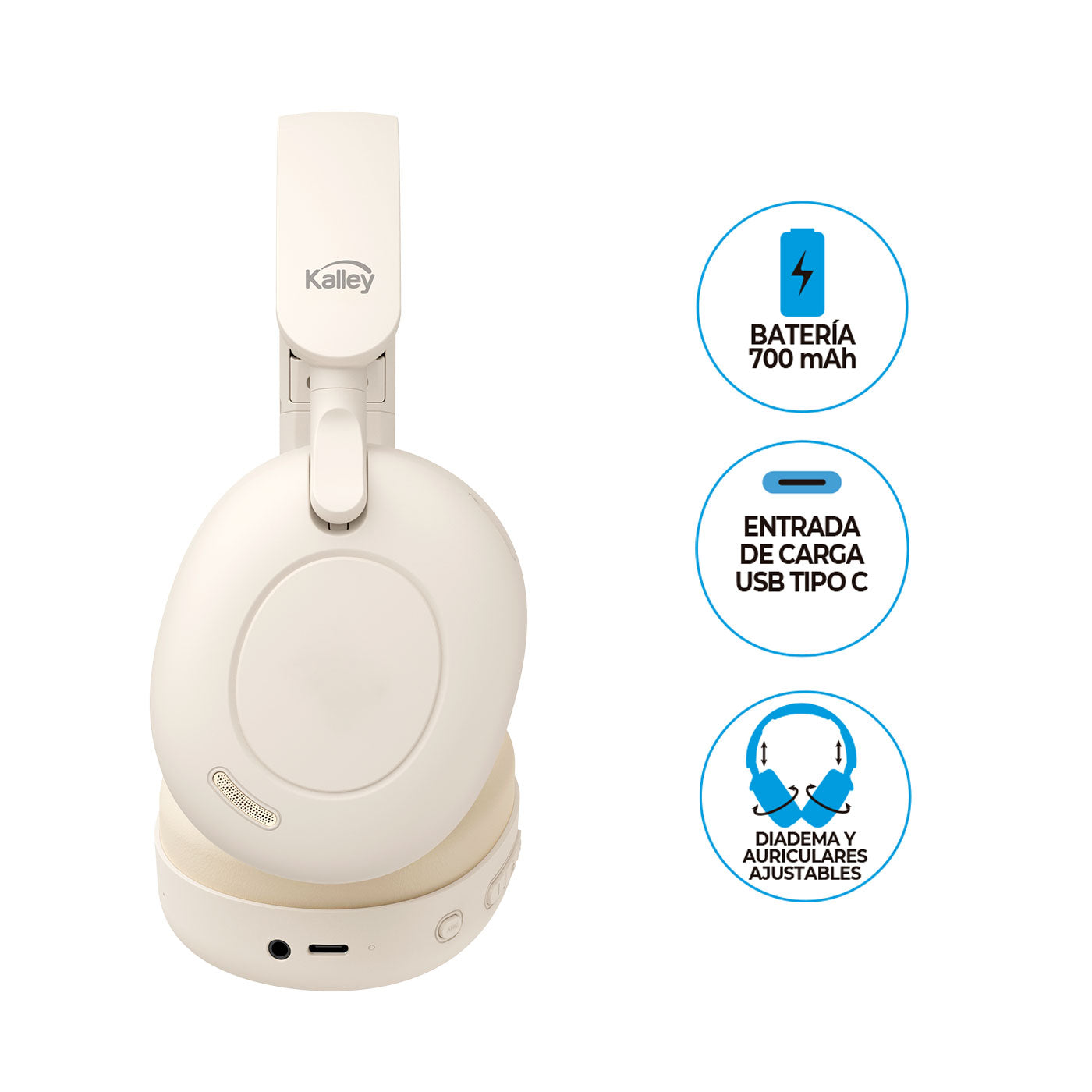 Audífonos De Diadema Kalley Inalámbricos Bluetooth Over Ear K-Ac2 Cancelación De Ruido, Crema