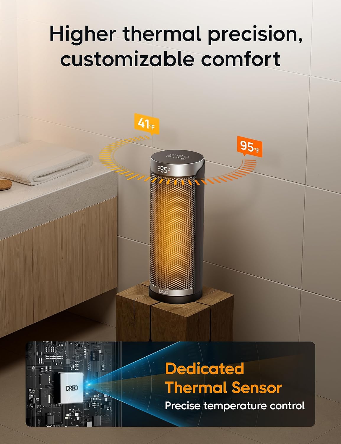 Calentador de espacio para baño e interior, oscilante de 70, 5 modos, control