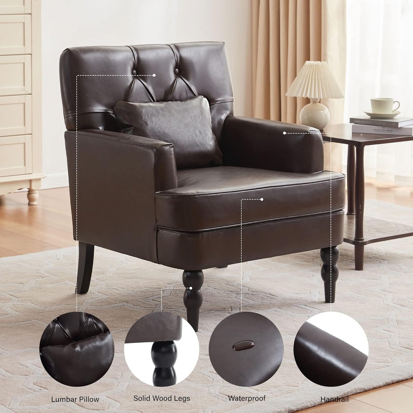 PULiving Silla de club de cuero, silla decorativa con almohada lumbar, sillón