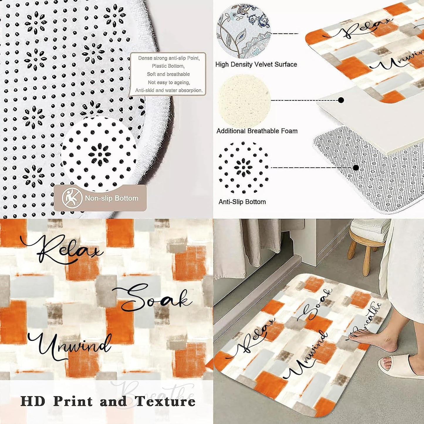 Juego de 4 cortinas de ducha color naranja, juego de baño abstracto naranja con
