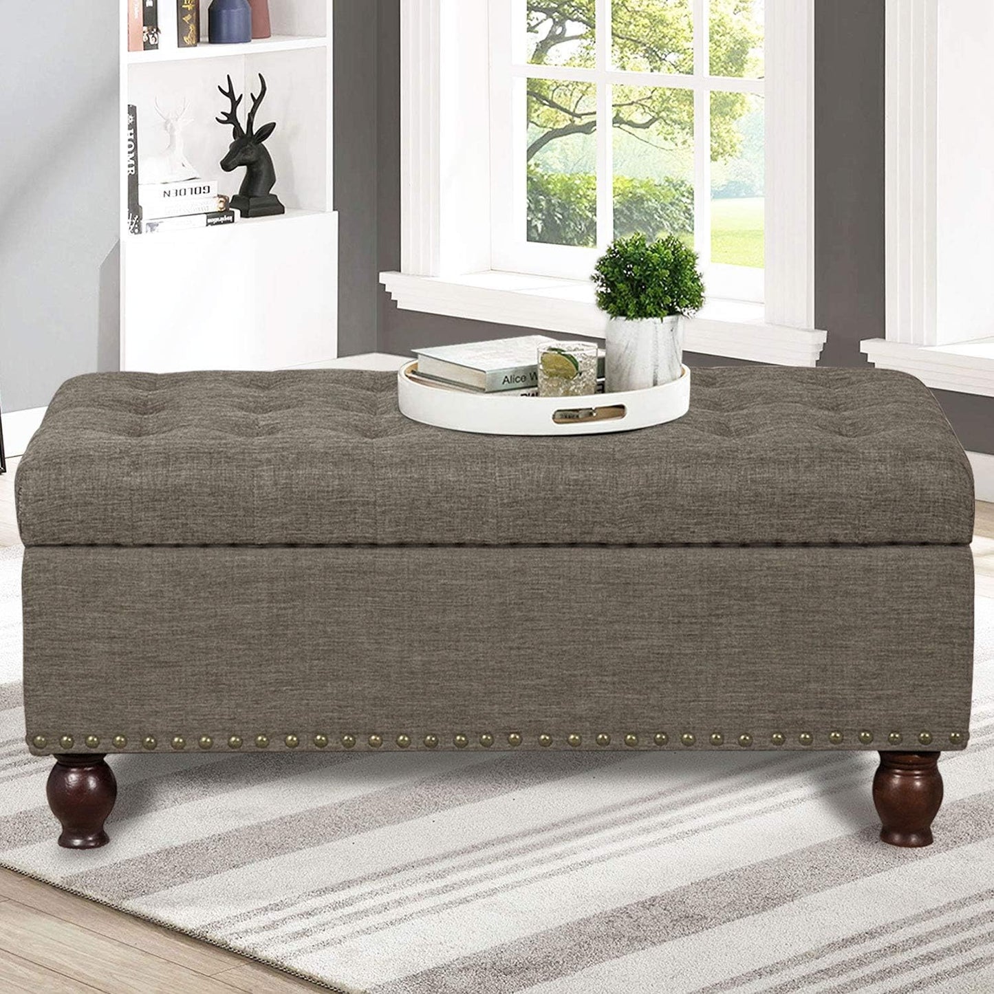 Banco otomano rectangular de tela de lino con parte superior levantada,