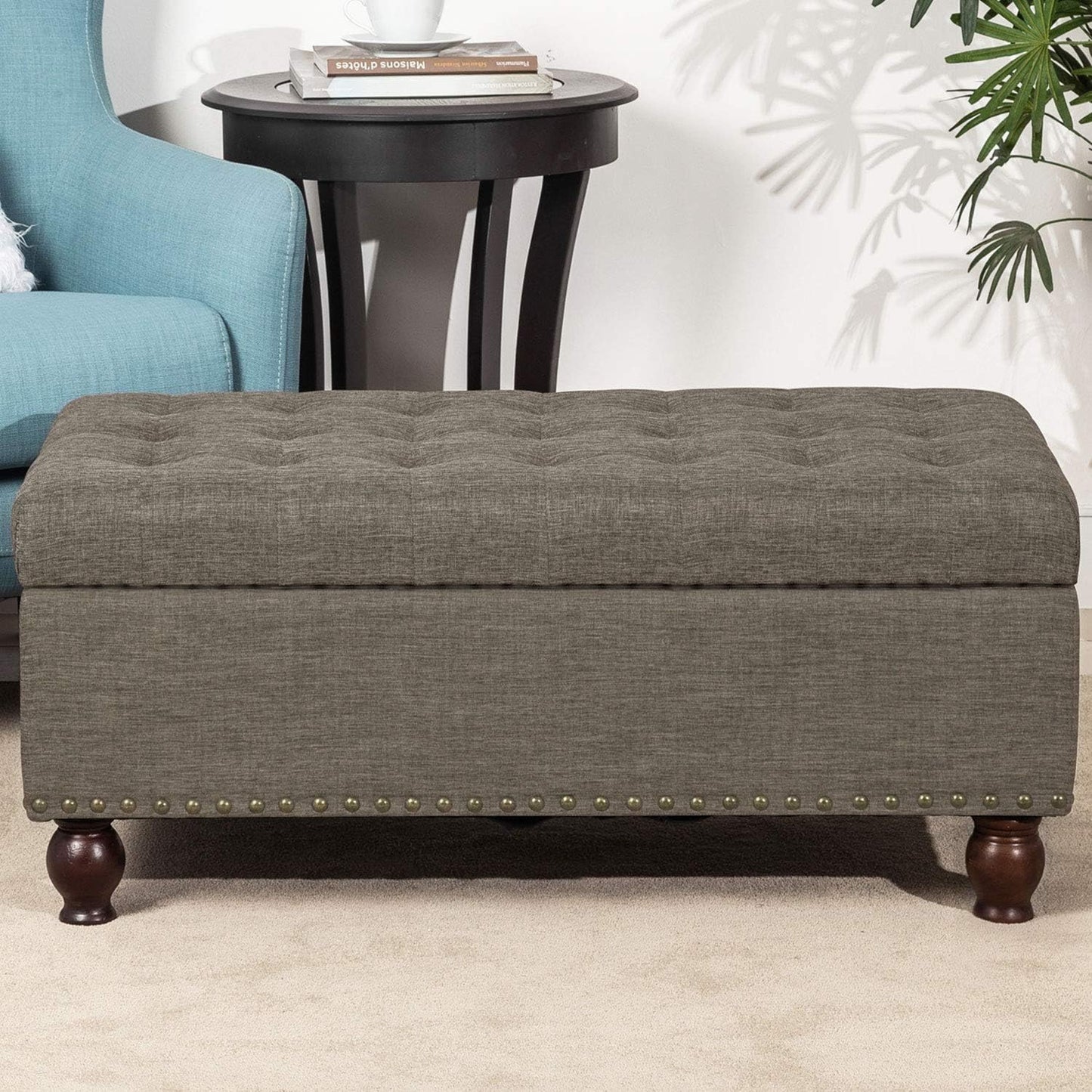 Banco otomano rectangular de tela de lino con parte superior levantada,