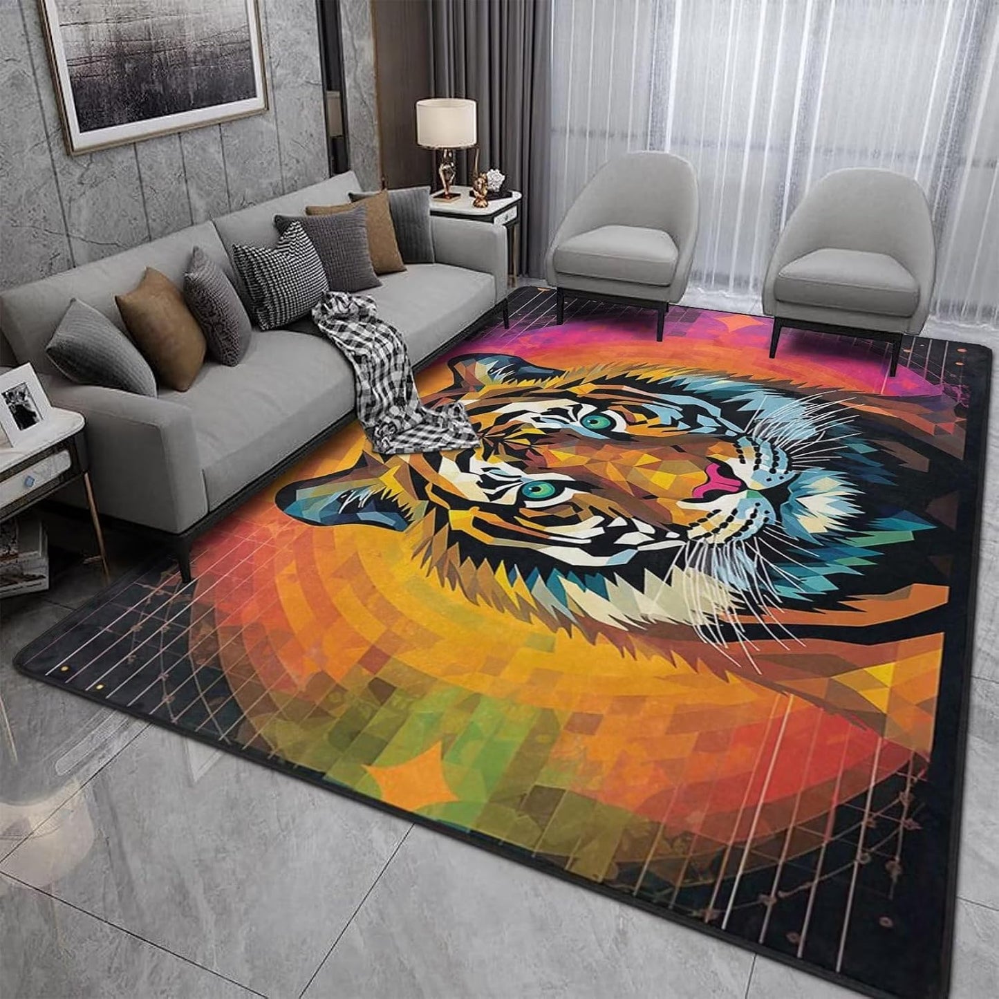 Alfombra de área con cabeza de tigre de 7 x 5 pies, alfombras geométricas