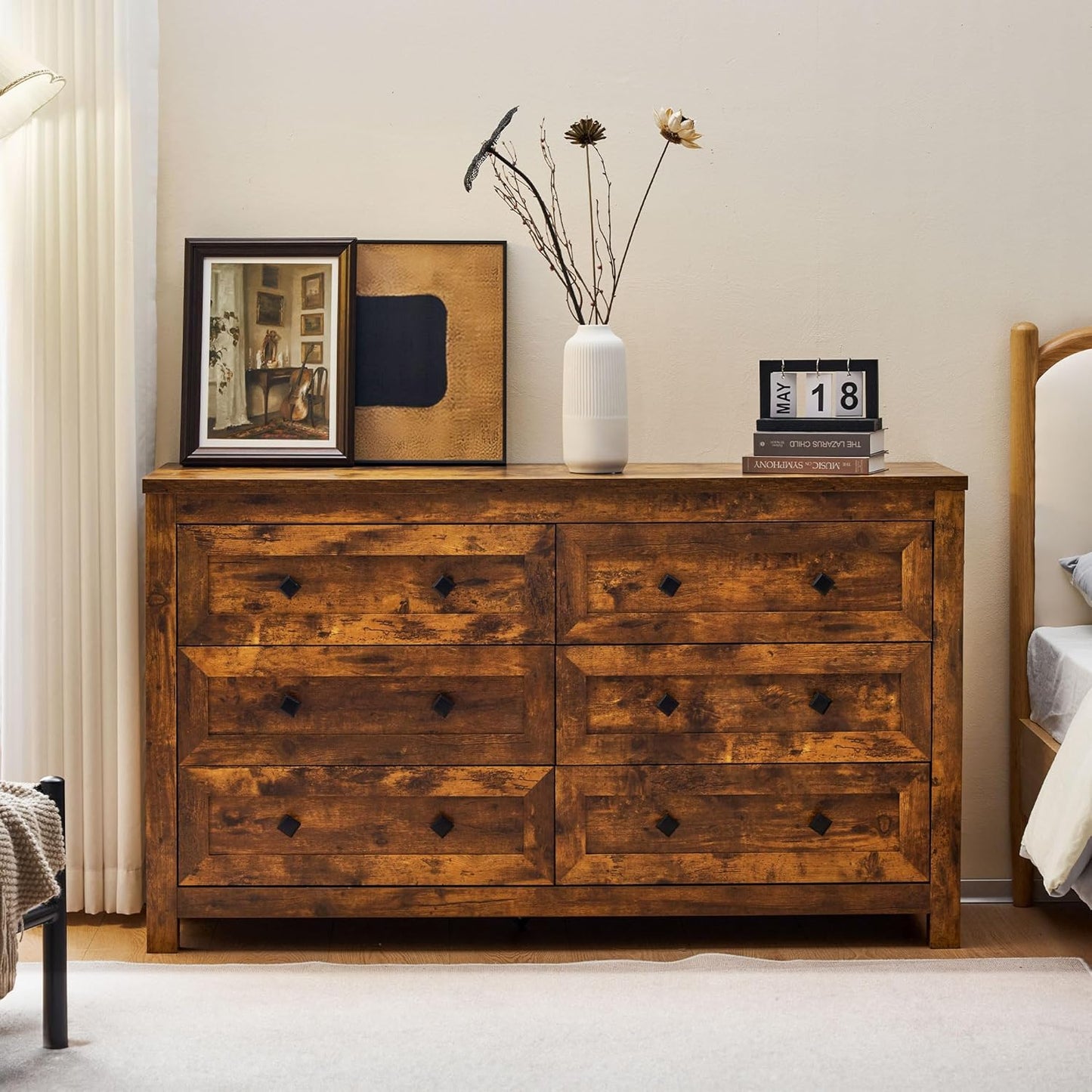 Cómoda de 6 cajones para dormitorio, cómoda de madera de granja con textura de