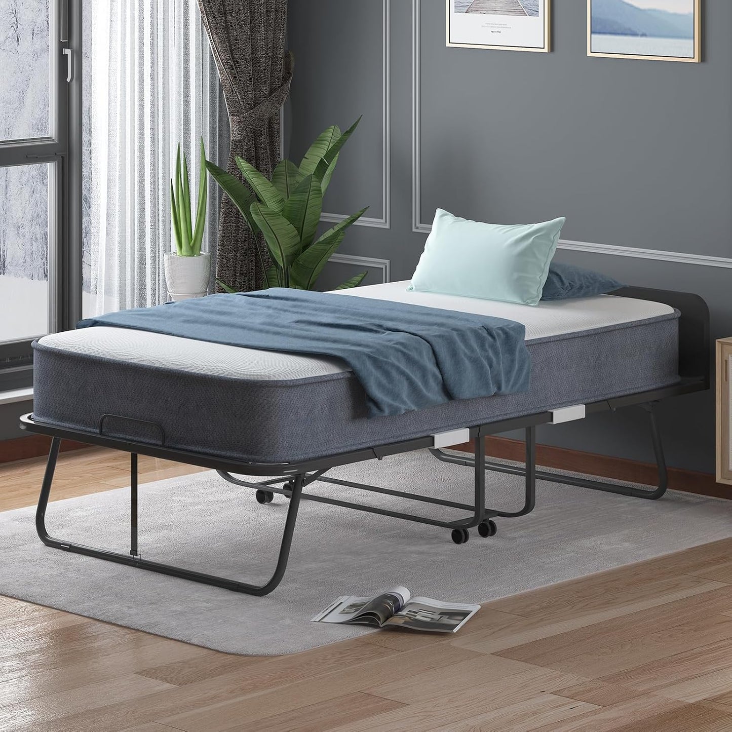 Cama plegable con colchón de espuma viscoelástica de 5 pulgadas, cama plegable