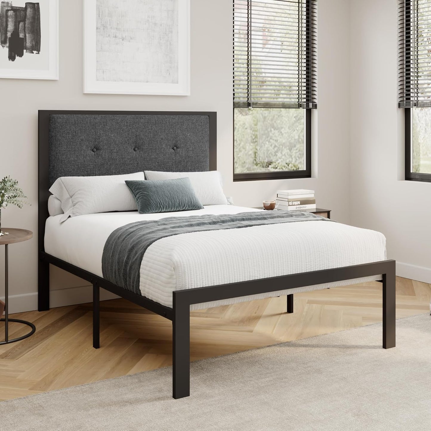Base de cama individual con cabecera tapizada con botones para niños, base de