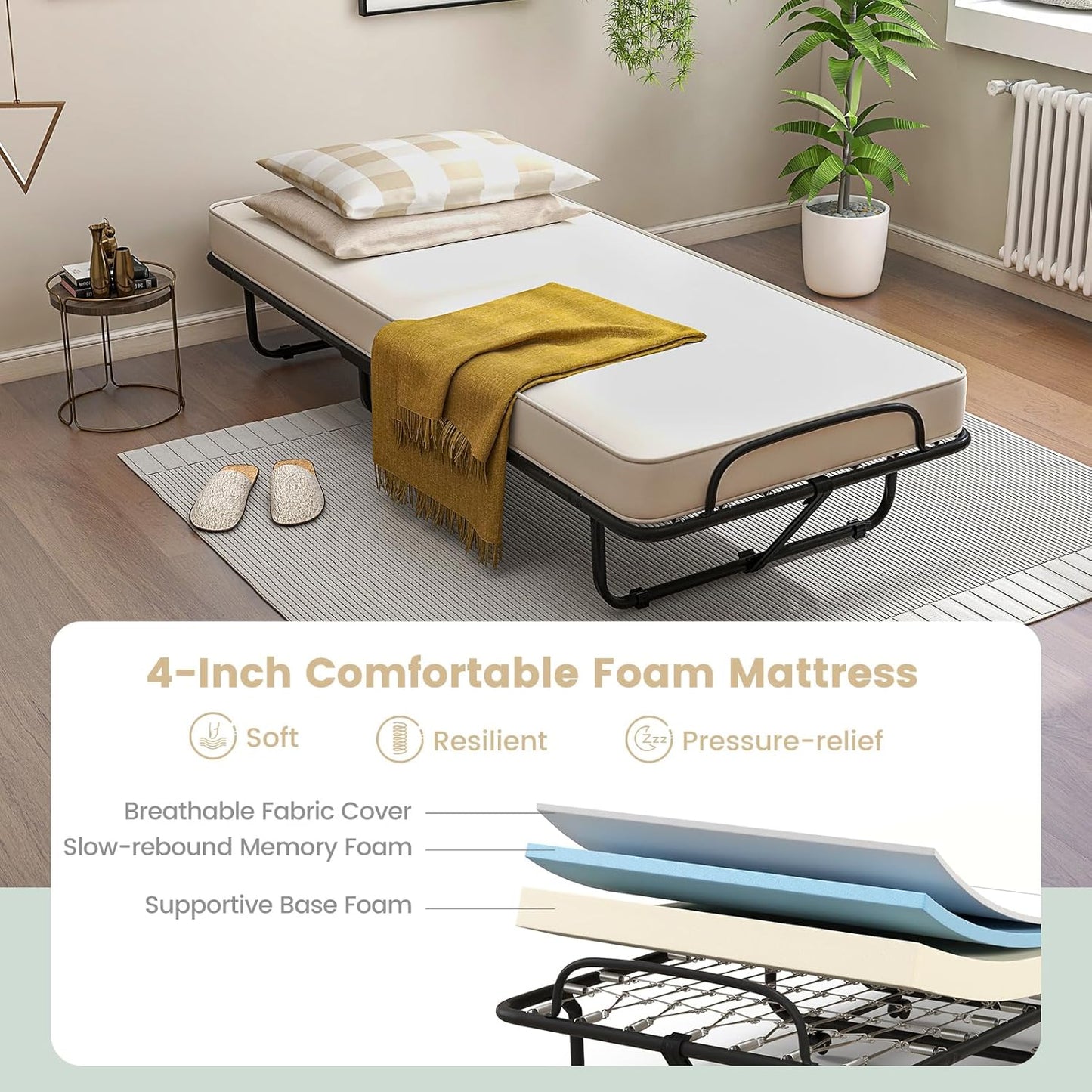 Cama plegable con colchón, cama plegable para invitados con colchón de 4