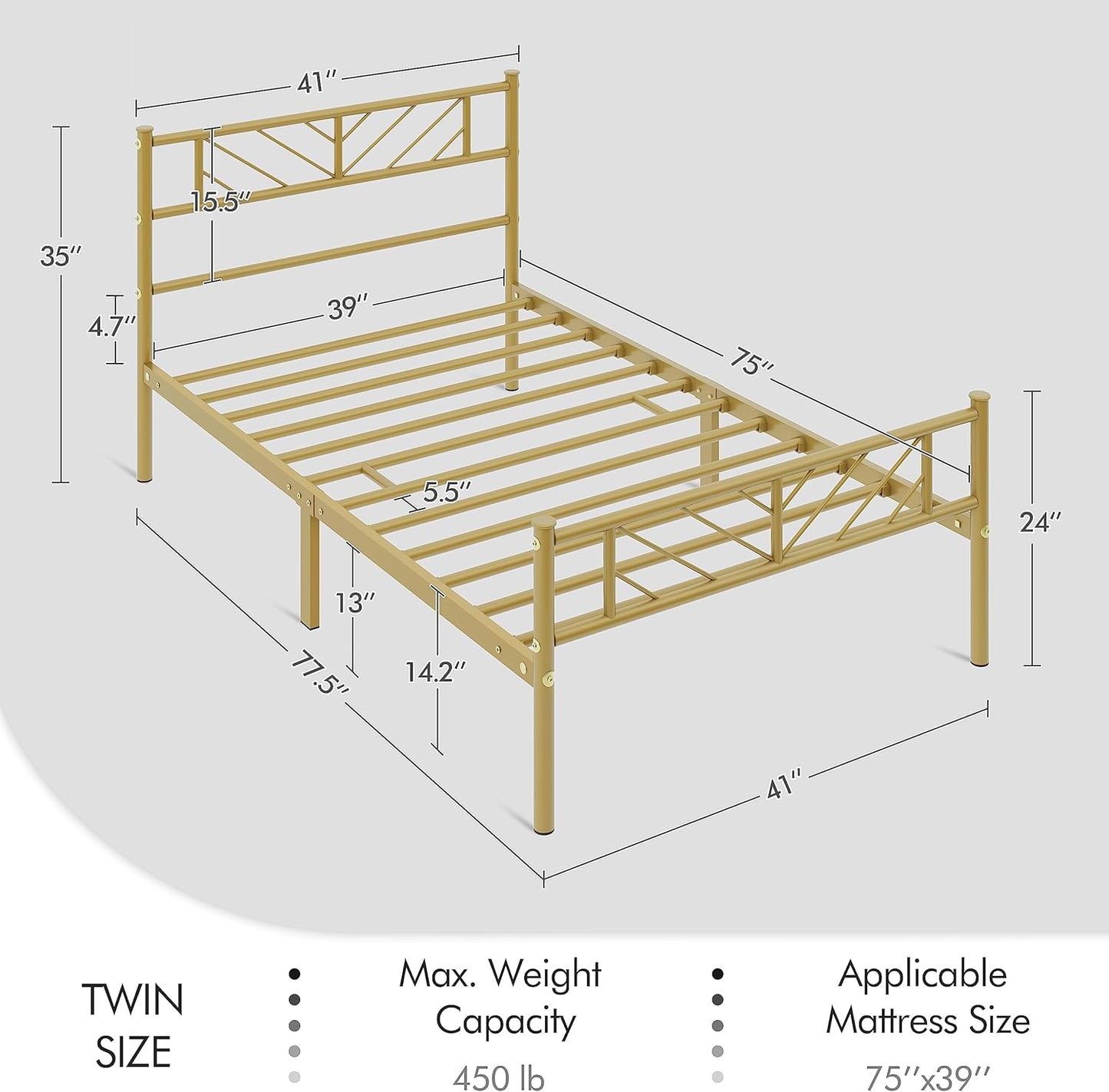 Cama de plataforma de metal de tamaño individual con cabecero y estribo de