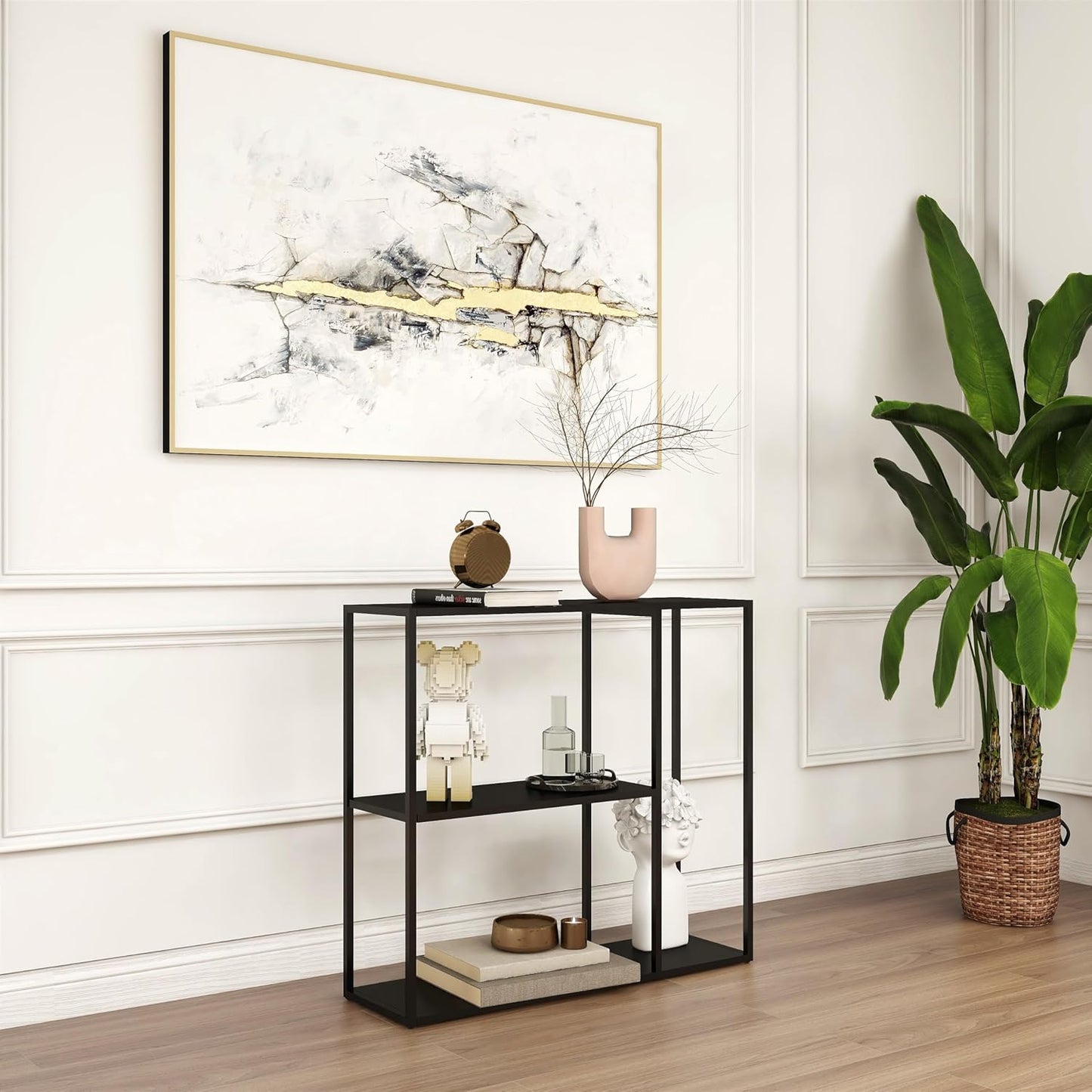 Mesa consola de metal con estante de almacenamiento de 3 niveles, mesa de