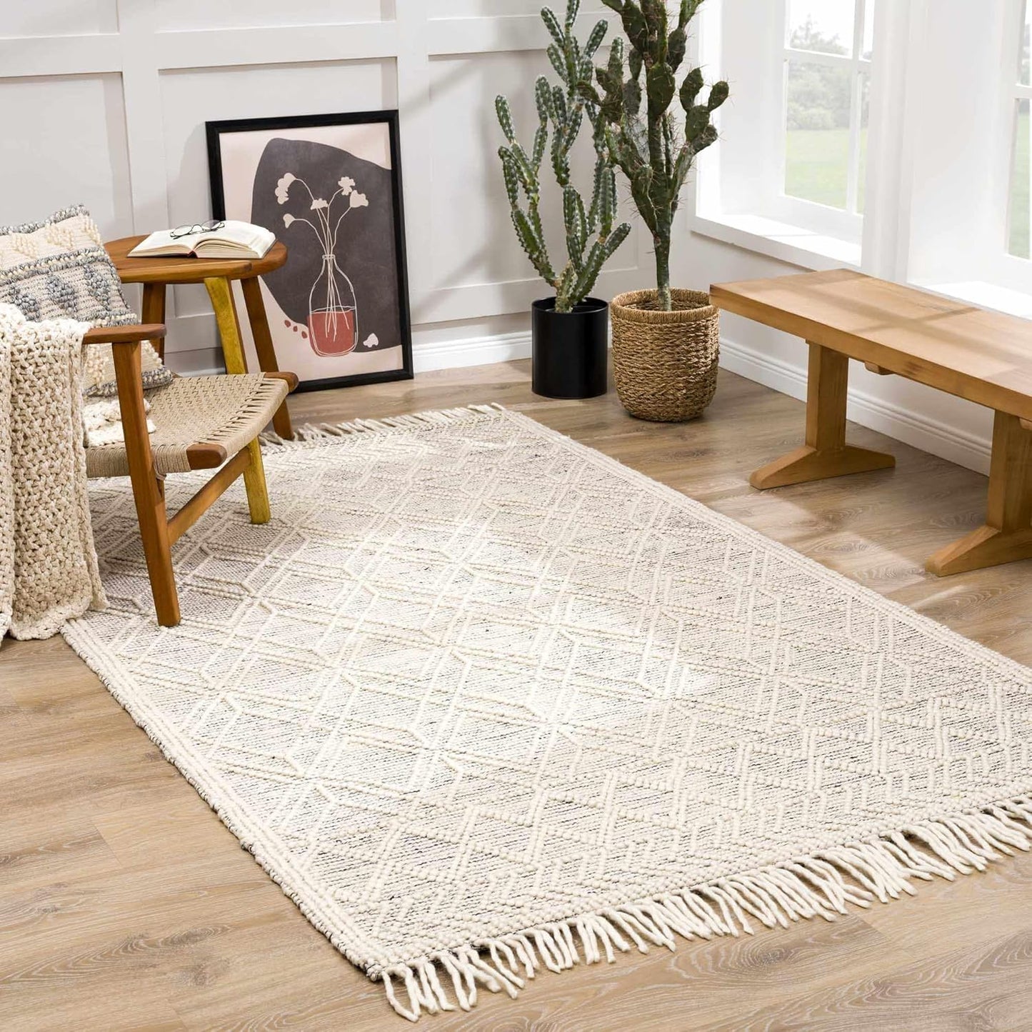 Ramsbury Alfombra marroquí de lana con borlas, alta y baja, lana con enrejado