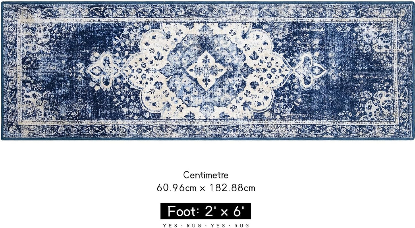 Alfombra de pasillo lavable de 2 x 6 pies, color azul, estilo bohemio, para