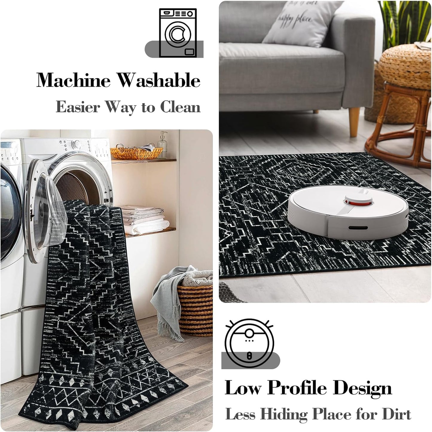 Alfombra de pasillo de cocina lavable de 2 x 6, tapete marroquí negro para