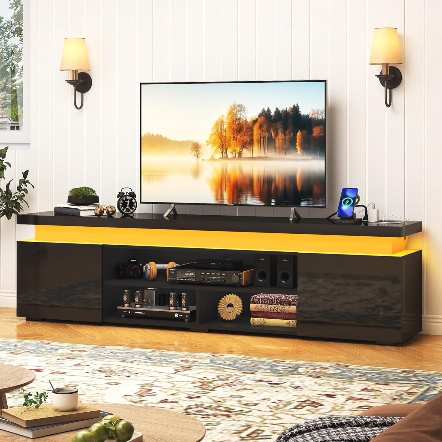Soporte de TV LED para TV de 85 pulgadas, moderno soporte de TV para juegos con