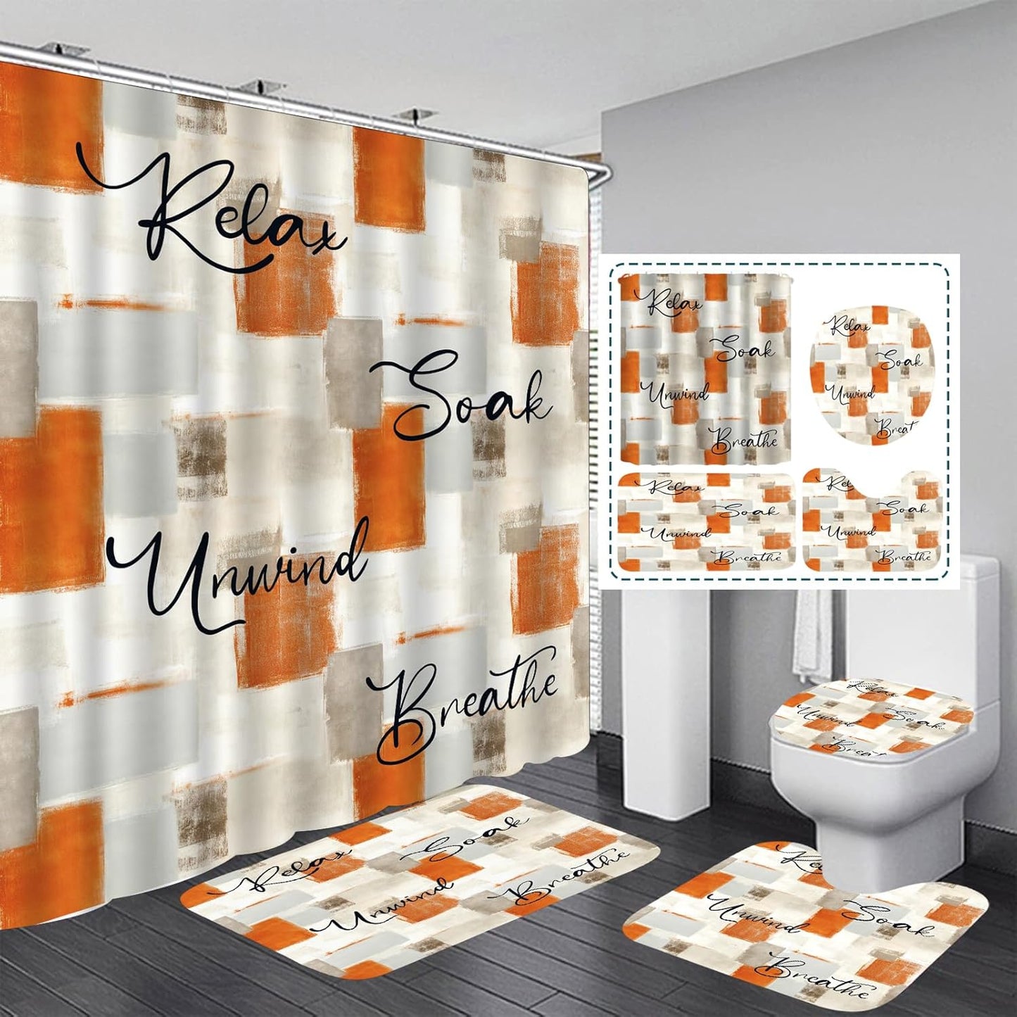 Juego de 4 cortinas de ducha color naranja, juego de baño abstracto naranja con