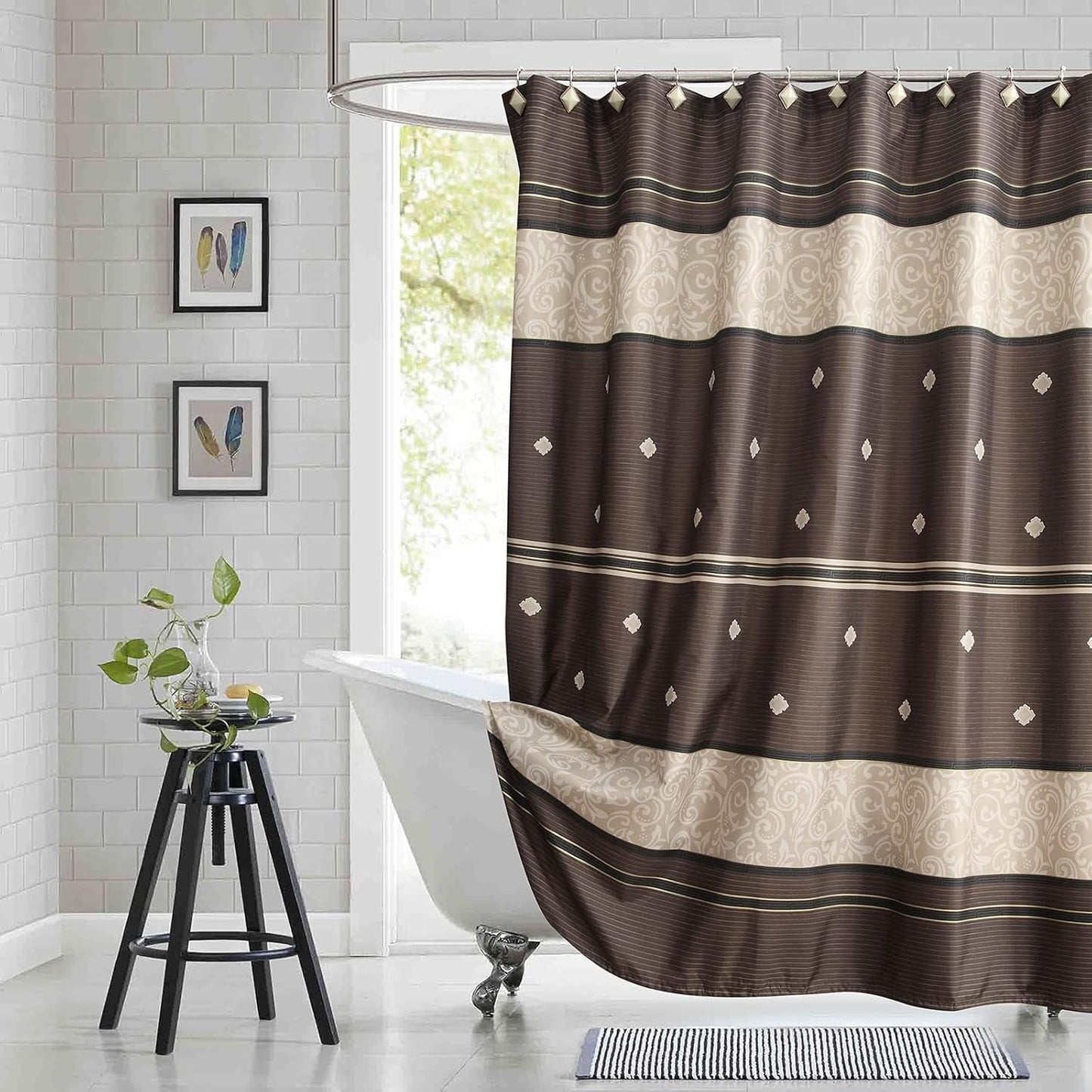 Cortina de ducha larga de tela, cortinas de ducha con estampado dorado marrón y