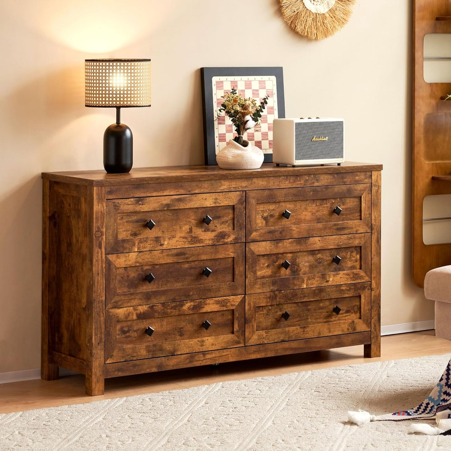 Cómoda de 6 cajones para dormitorio, cómoda de madera de granja con textura de
