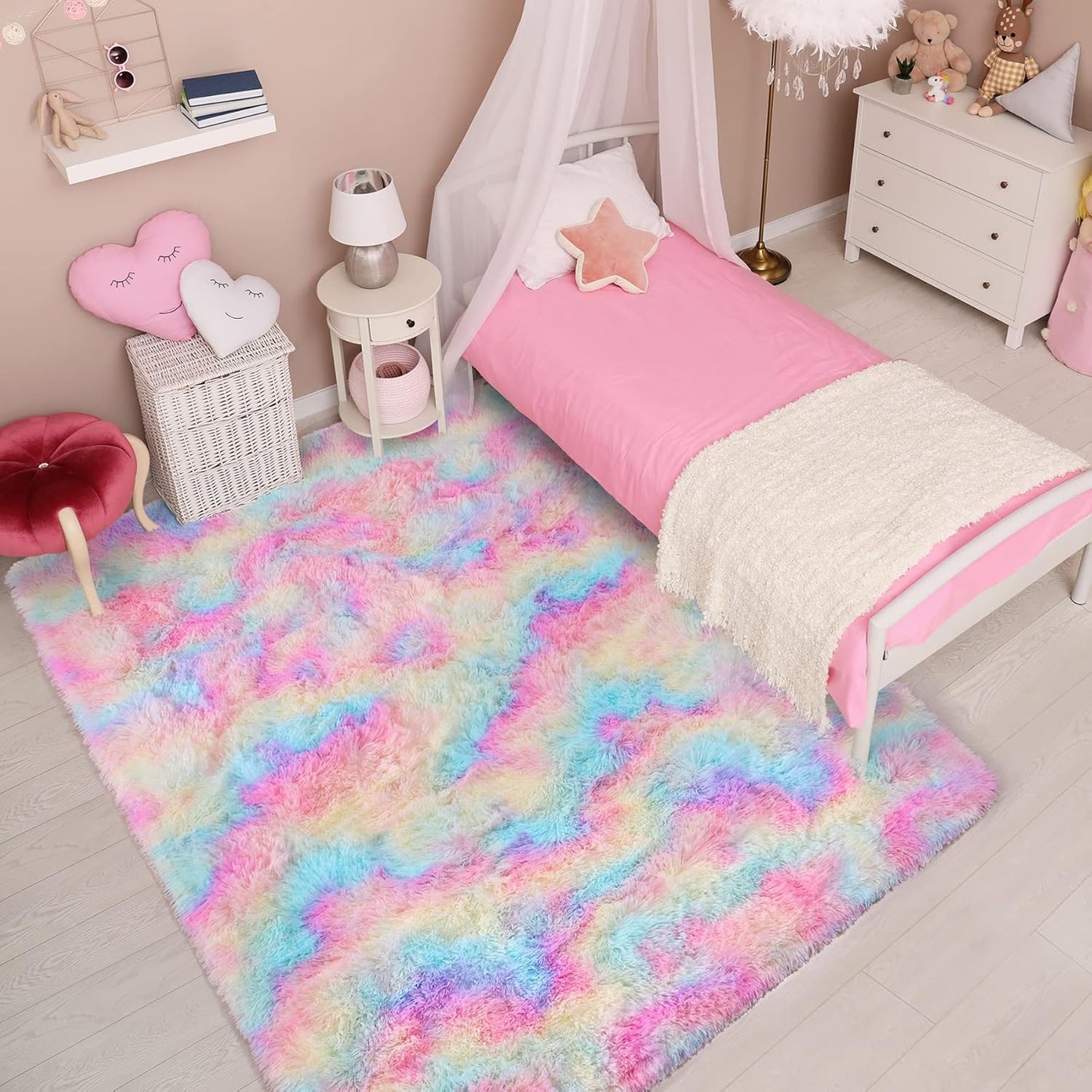 Bonita alfombra de área de arcoíris para dormitorio de niñas, alfombra mullida