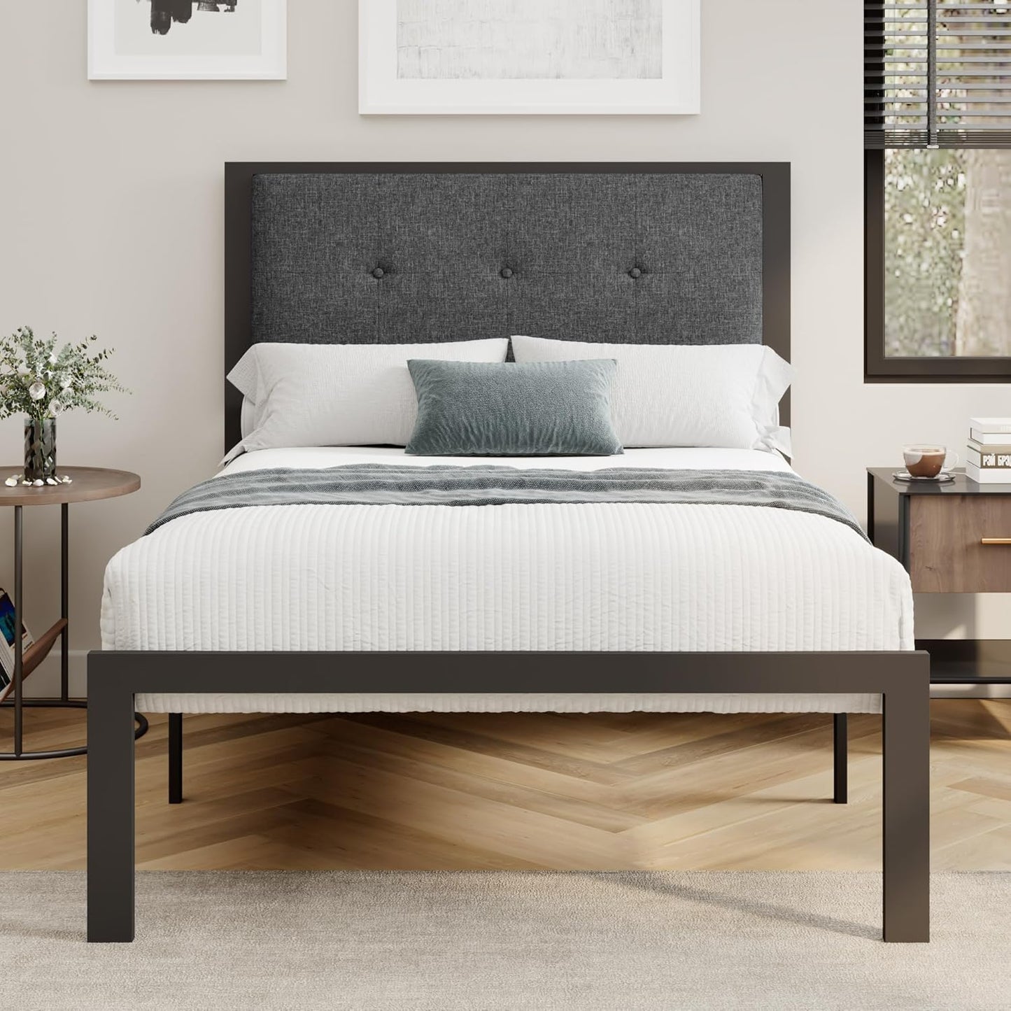 Base de cama individual con cabecera tapizada con botones para niños, base de