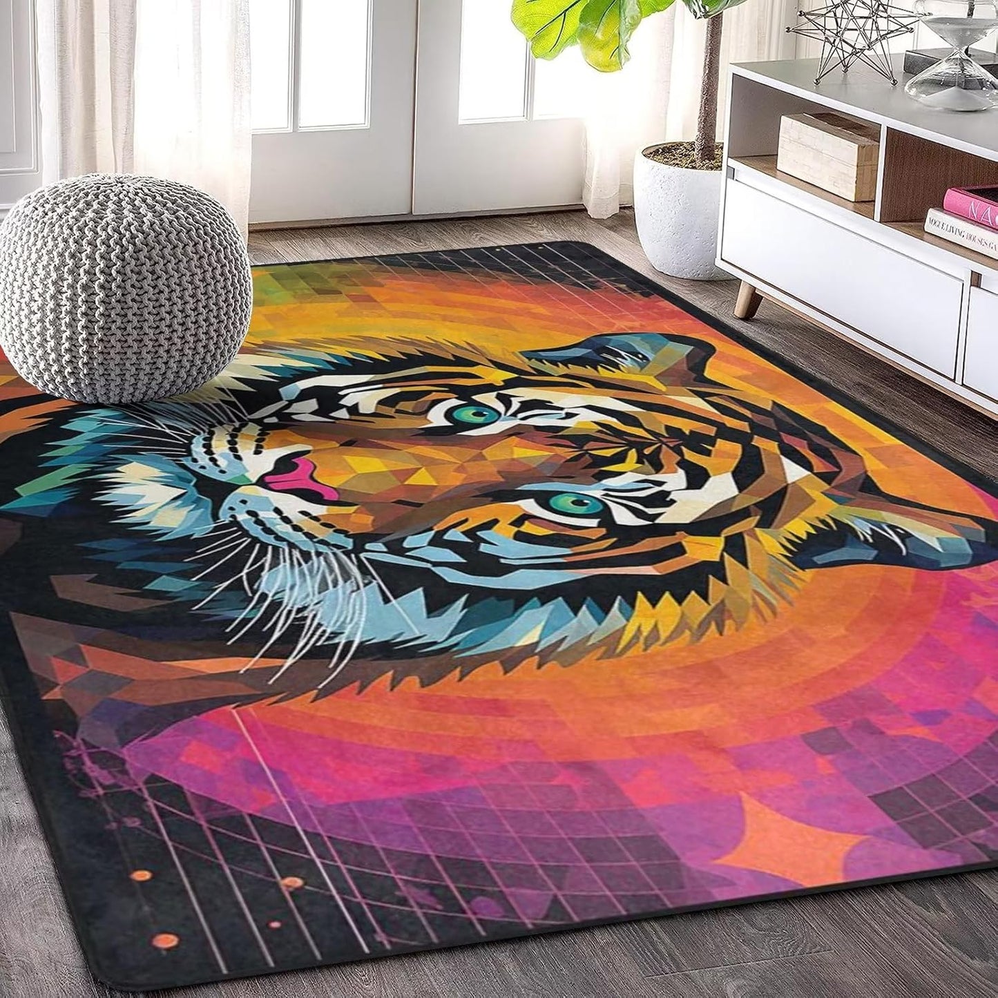 Alfombra de área con cabeza de tigre de 7 x 5 pies, alfombras geométricas