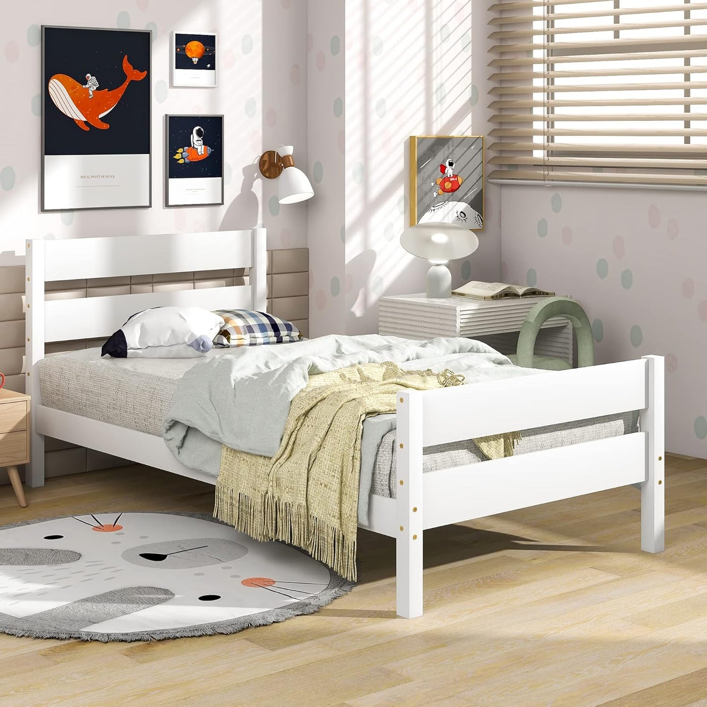 Base de cama individual de madera con cabecero y estribo, base de colchón de