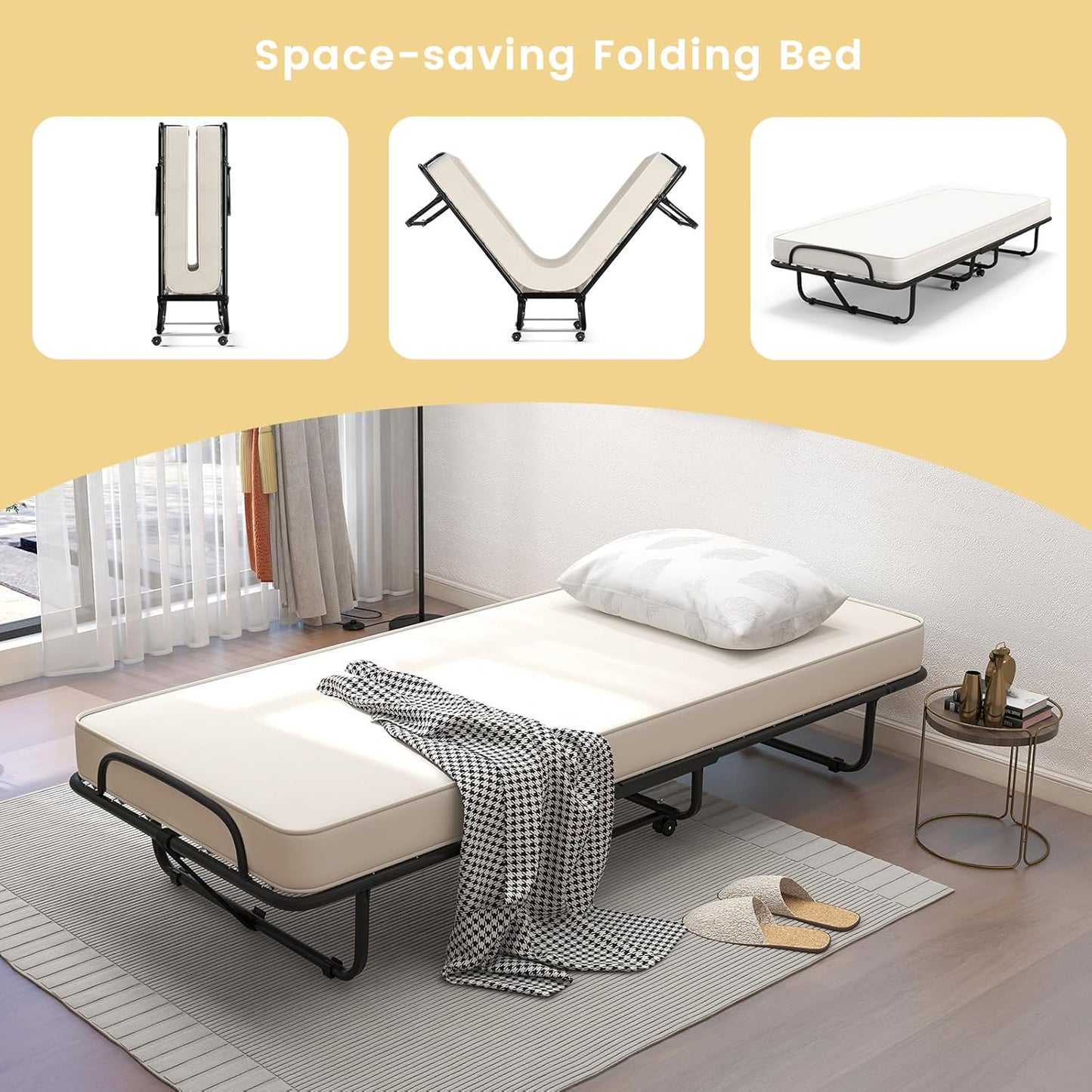 Cama plegable con colchón, cama plegable para invitados con colchón de 4