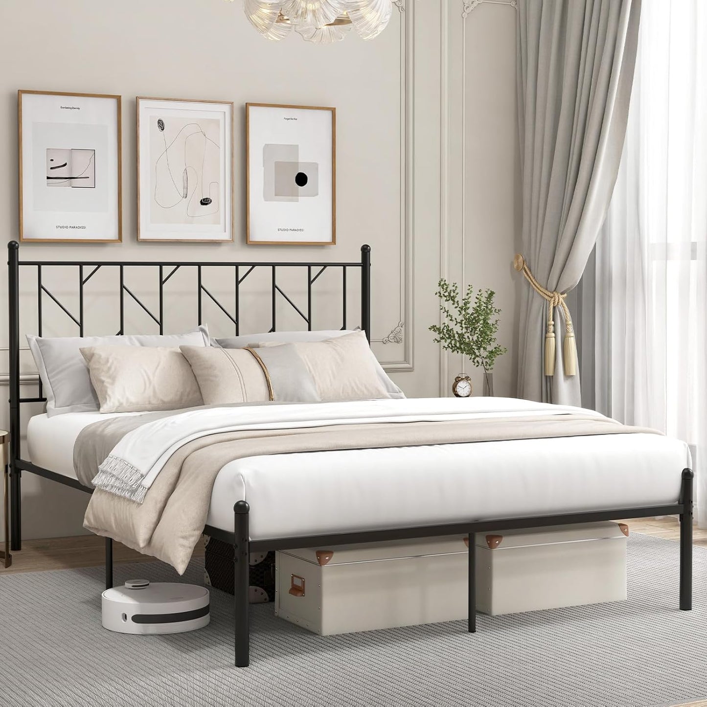 Base de cama de metal negro Queen con cabecera de estilo victoriano, plataforma