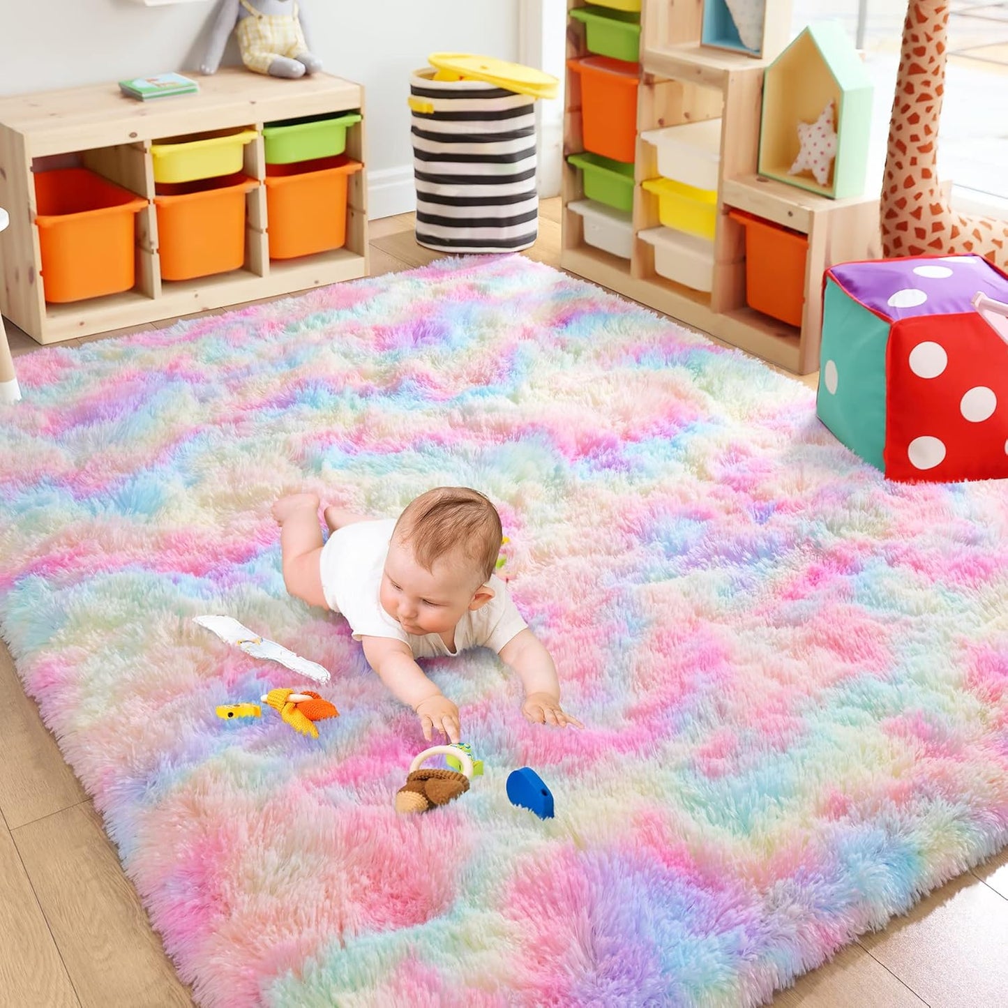Bonita alfombra de área de arcoíris para dormitorio de niñas, alfombra mullida